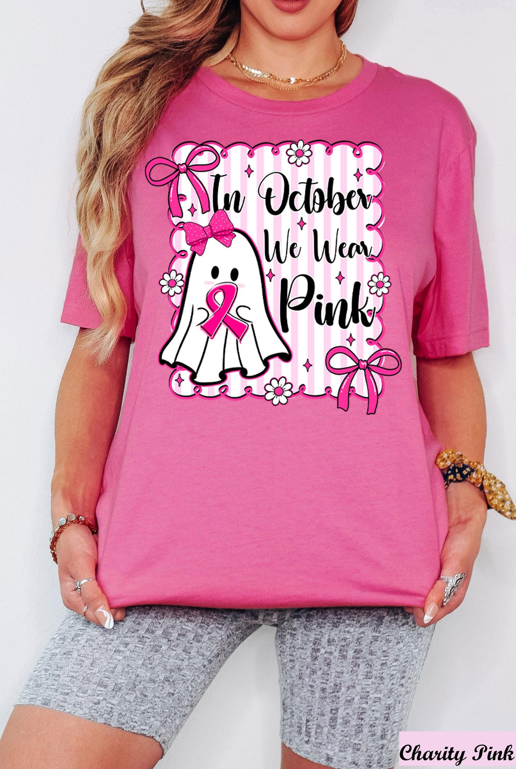 In October We Wear Pink Halloween Shirt,Breast Cancer Ghost T-Shirt, Pink Ribbon Cancer Support Halloween Tee, Stronger Than Cancer Shirt