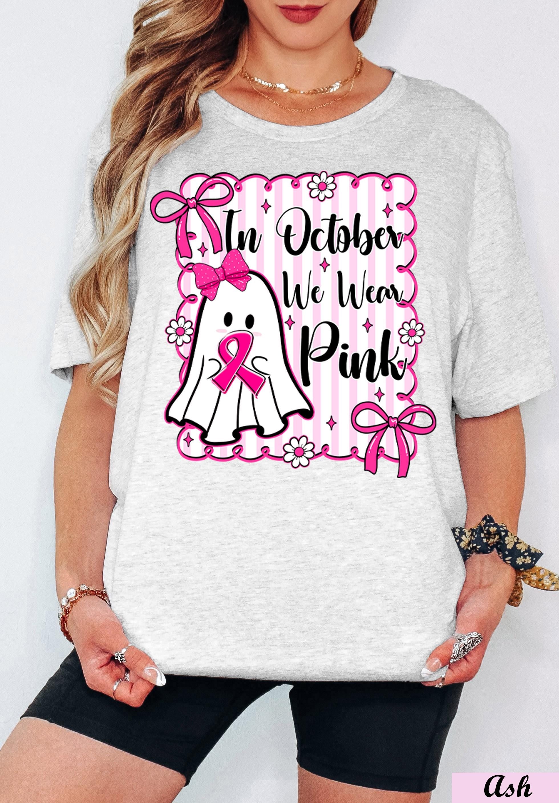 In October We Wear Pink Halloween Shirt,Breast Cancer Ghost T-Shirt, Pink Ribbon Cancer Support Halloween Tee, Stronger Than Cancer Shirt