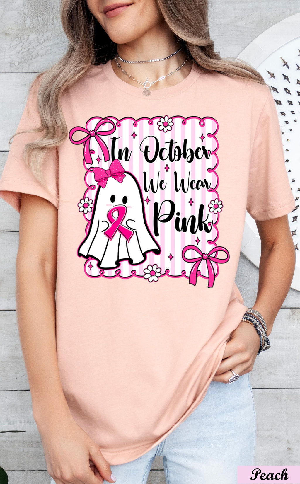 In October We Wear Pink Halloween Shirt,Breast Cancer Ghost T-Shirt, Pink Ribbon Cancer Support Halloween Tee, Stronger Than Cancer Shirt