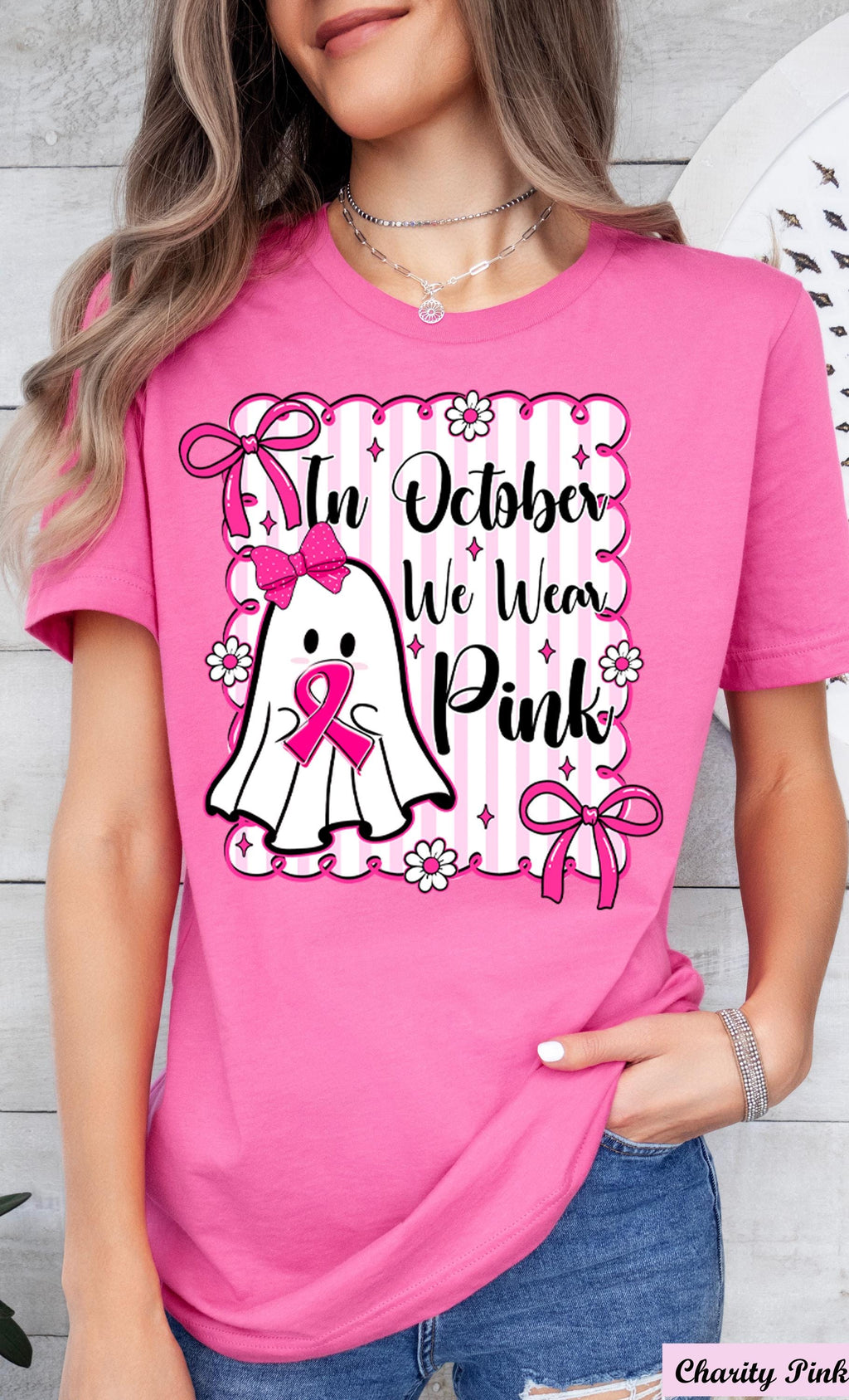 In October We Wear Pink Halloween Shirt,Breast Cancer Ghost T-Shirt, Pink Ribbon Cancer Support Halloween Tee, Stronger Than Cancer Shirt