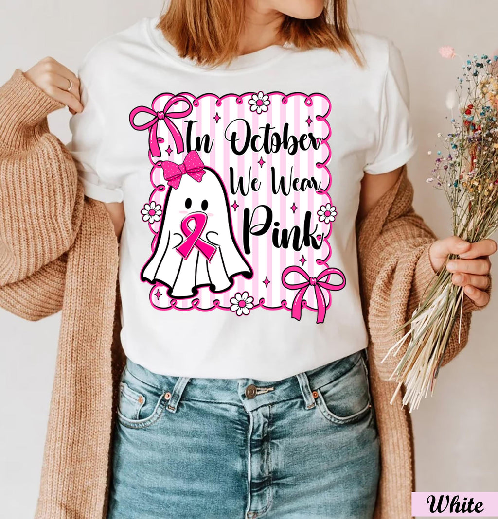 In October We Wear Pink Halloween Shirt,Breast Cancer Ghost T-Shirt, Pink Ribbon Cancer Support Halloween Tee, Stronger Than Cancer Shirt