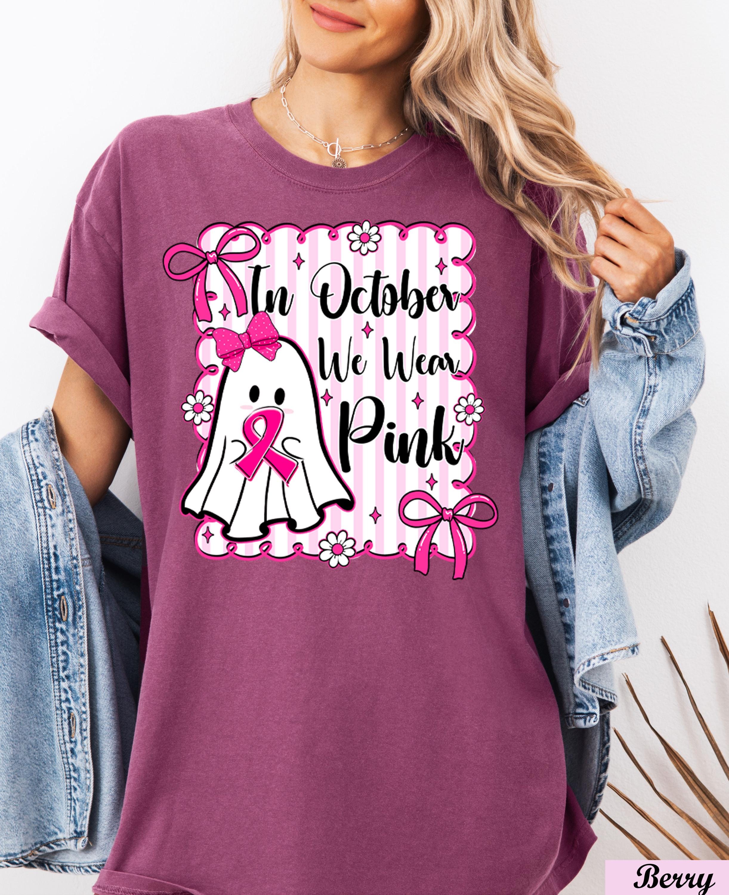 In October We Wear Pink Halloween Shirt,Breast Cancer Ghost T-Shirt, Pink Ribbon Cancer Support Halloween Tee, Stronger Than Cancer Shirt