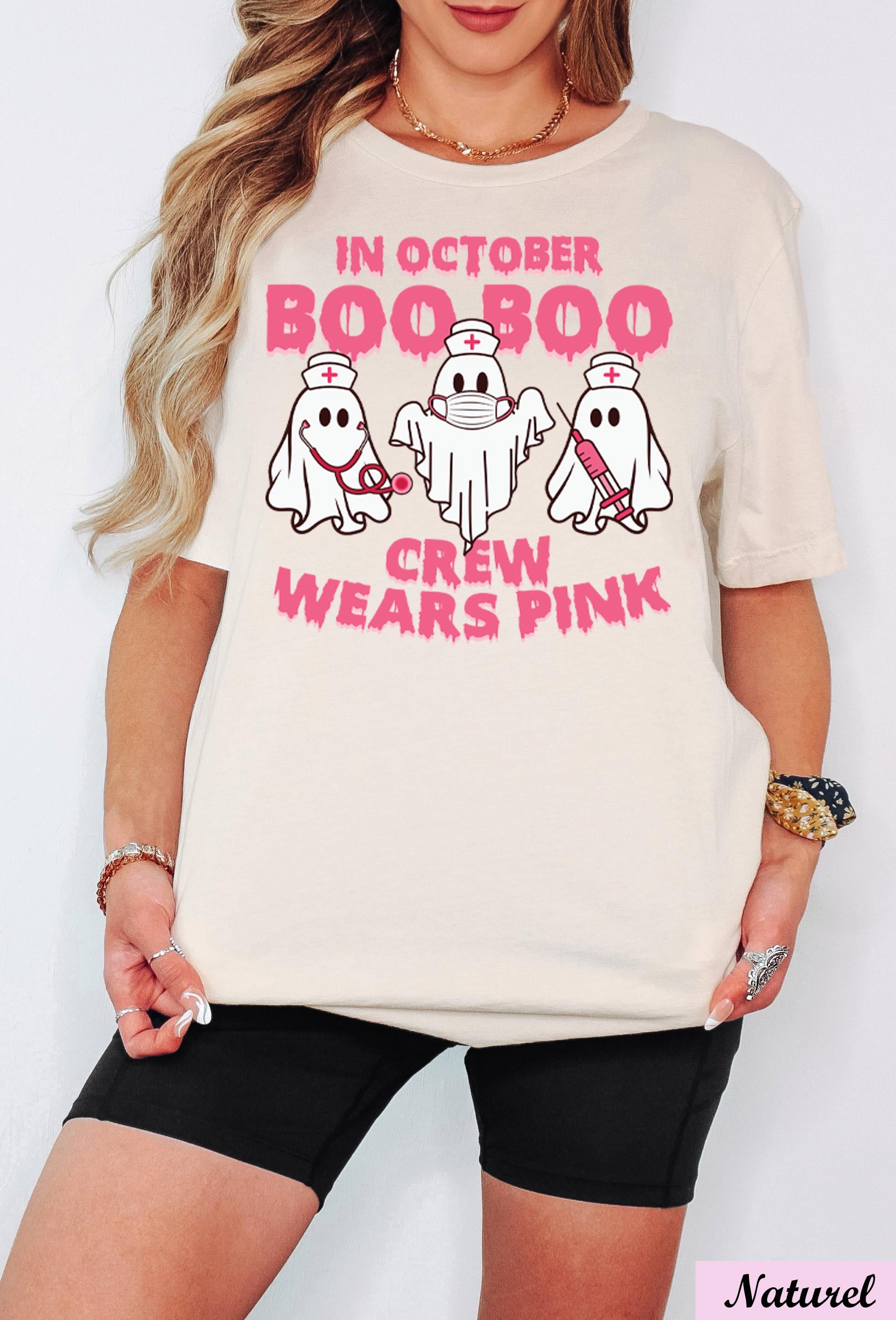 In October Boo Boo Crew Wears Pink Shirt,Breast Cancer Awareness,Halloween Pink Ghost Tee,Cancer Survivor Shirt,Cancer Support Tee,Boo Tee