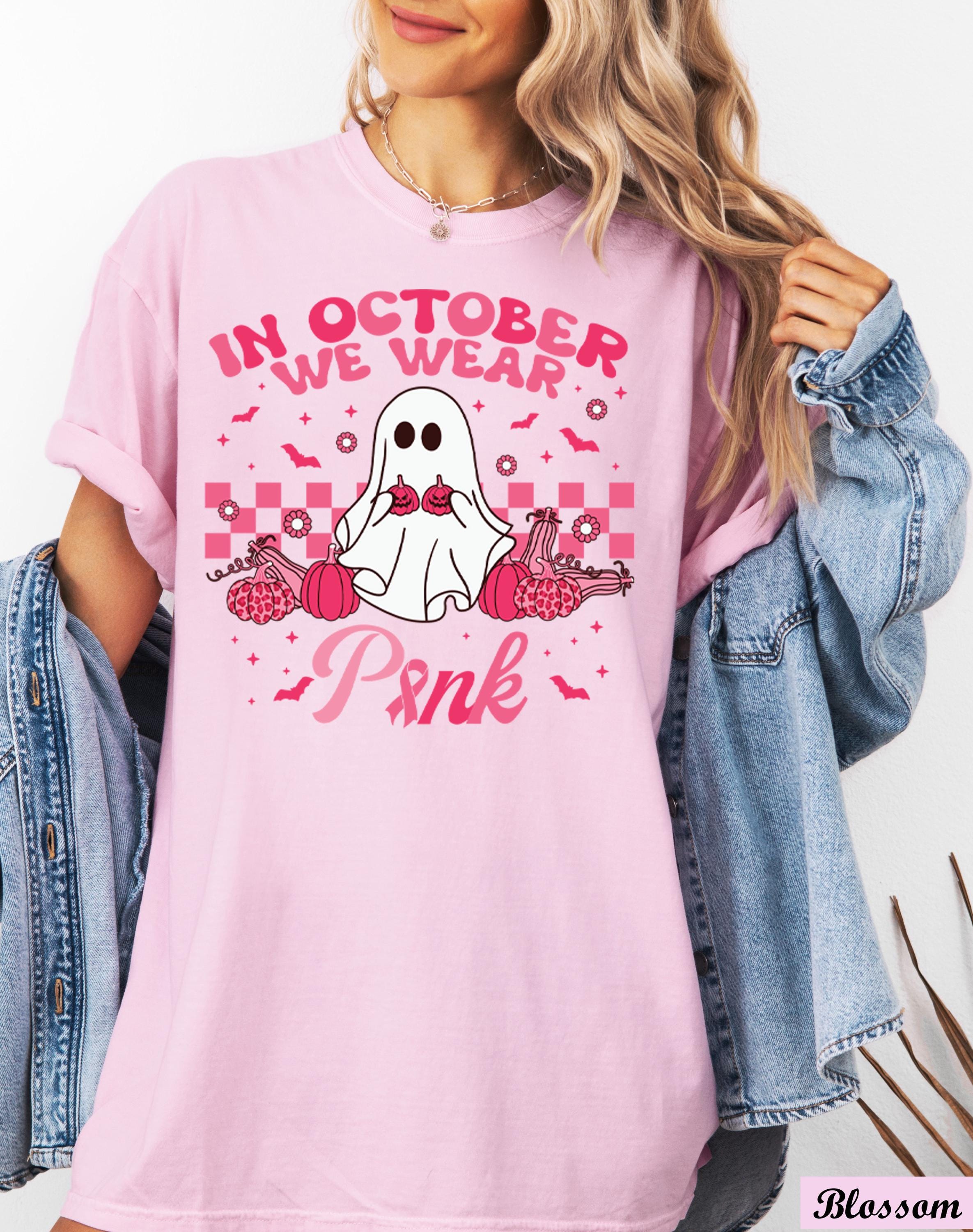 In October We Wear Pink Ghost Shirt,Breast Cancer Pink Ribbon Halloween Tee,Breast Cancer Awareness,Cancer Support Shirt,Cancer Survivor