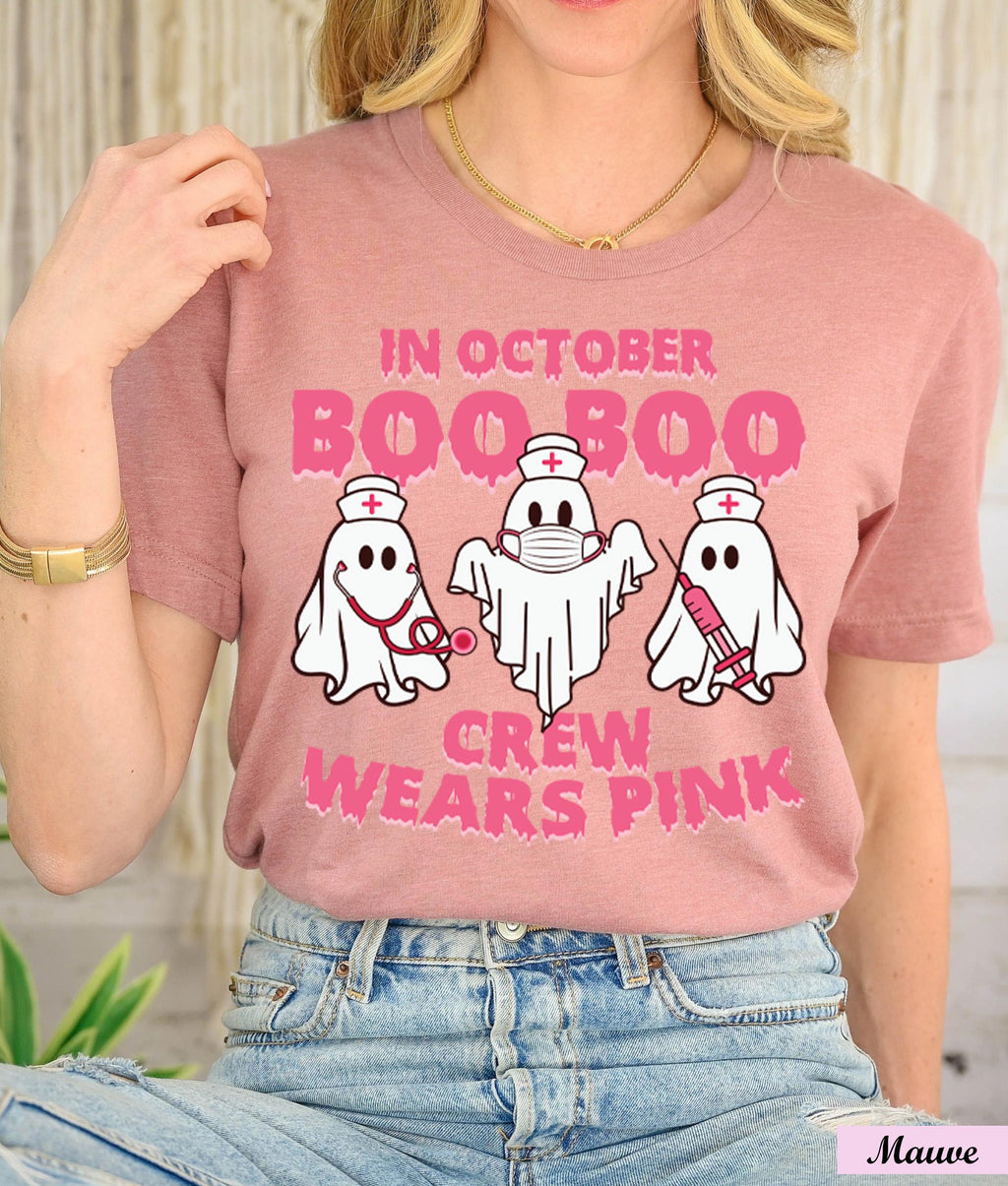 In October Boo Boo Crew Wears Pink Shirt,Breast Cancer Awareness,Halloween Pink Ghost Tee,Cancer Survivor Shirt,Cancer Support Tee,Boo Tee