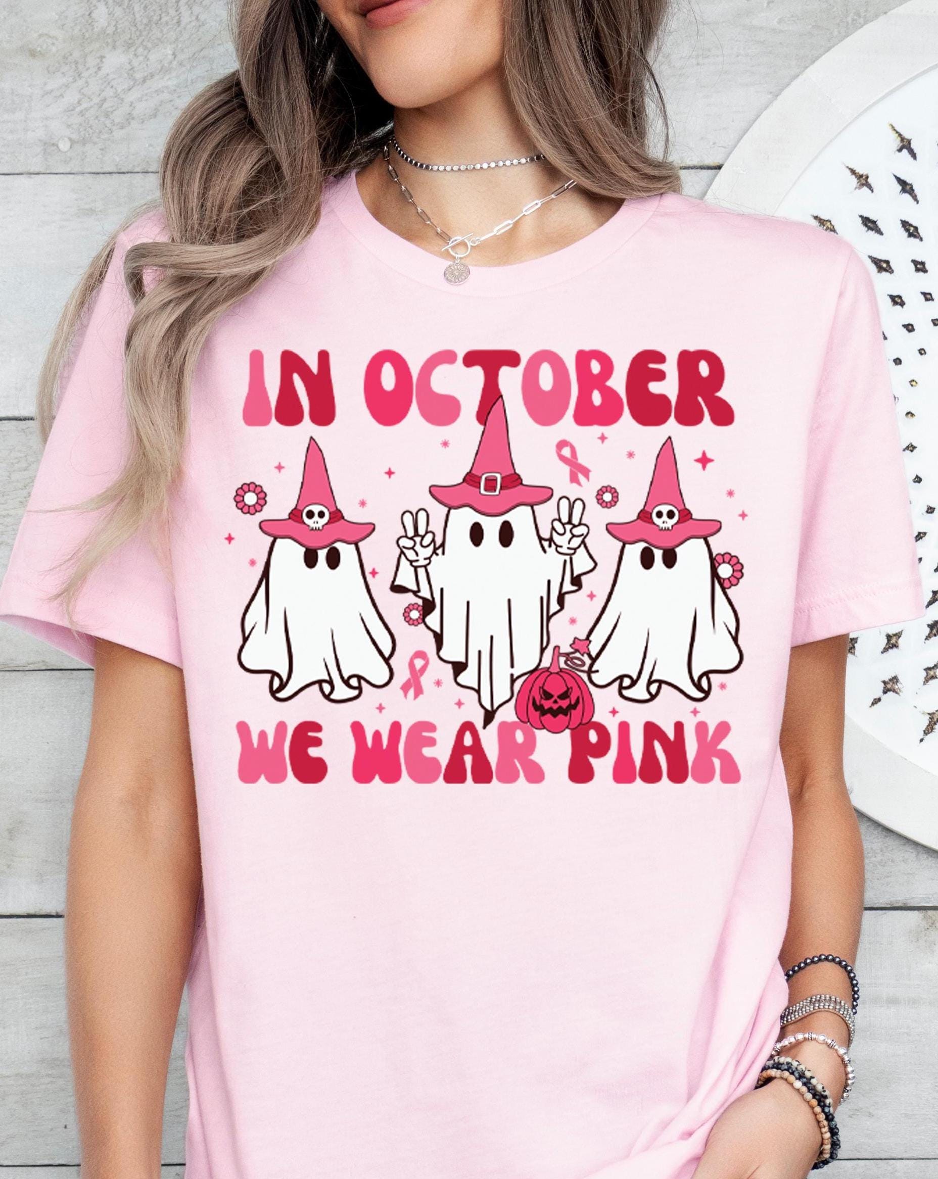 In October We Wear Pink Halloween Ghost Shirt,Pink Ribbon, Cancer Survivor Shirt,Cancer Awareness Tee,Halloween Ghost Pumpkin Cancer Shirt