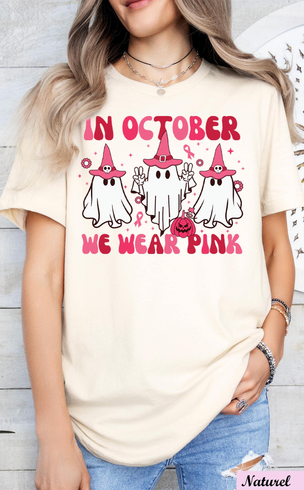 In October We Wear Pink Halloween Ghost Shirt,Pink Ribbon, Cancer Survivor Shirt,Cancer Awareness Tee,Halloween Ghost Pumpkin Cancer Shirt
