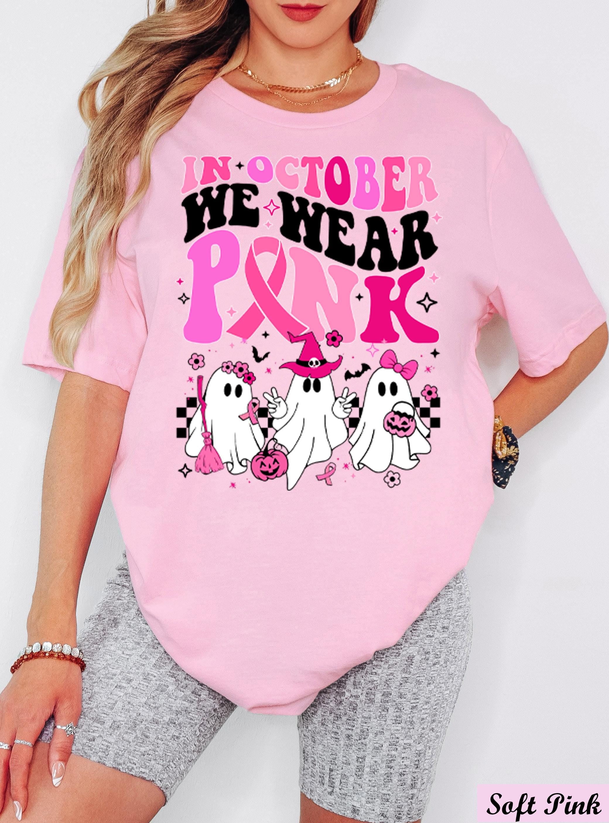 In October We Wear Pink Shirt, Breast Cancer Awareness,Halloween Pink Ghost Tee,Halloween Ghost Shirt,Cancer Pink Ribbon,Breast Cancer Month