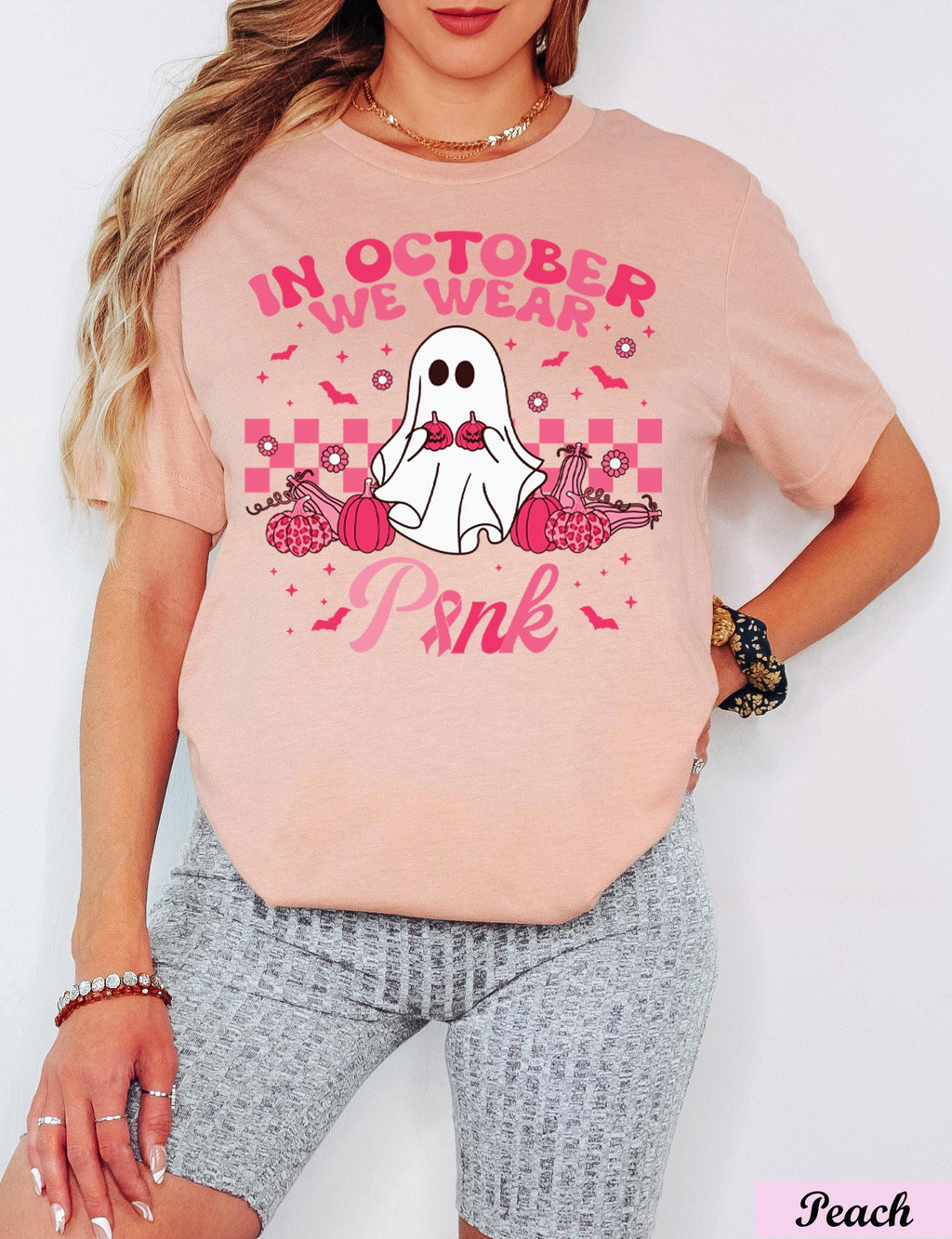 In October We Wear Pink Ghost Shirt,Breast Cancer Pink Ribbon Halloween Tee,Breast Cancer Awareness,Cancer Support Shirt,Cancer Survivor