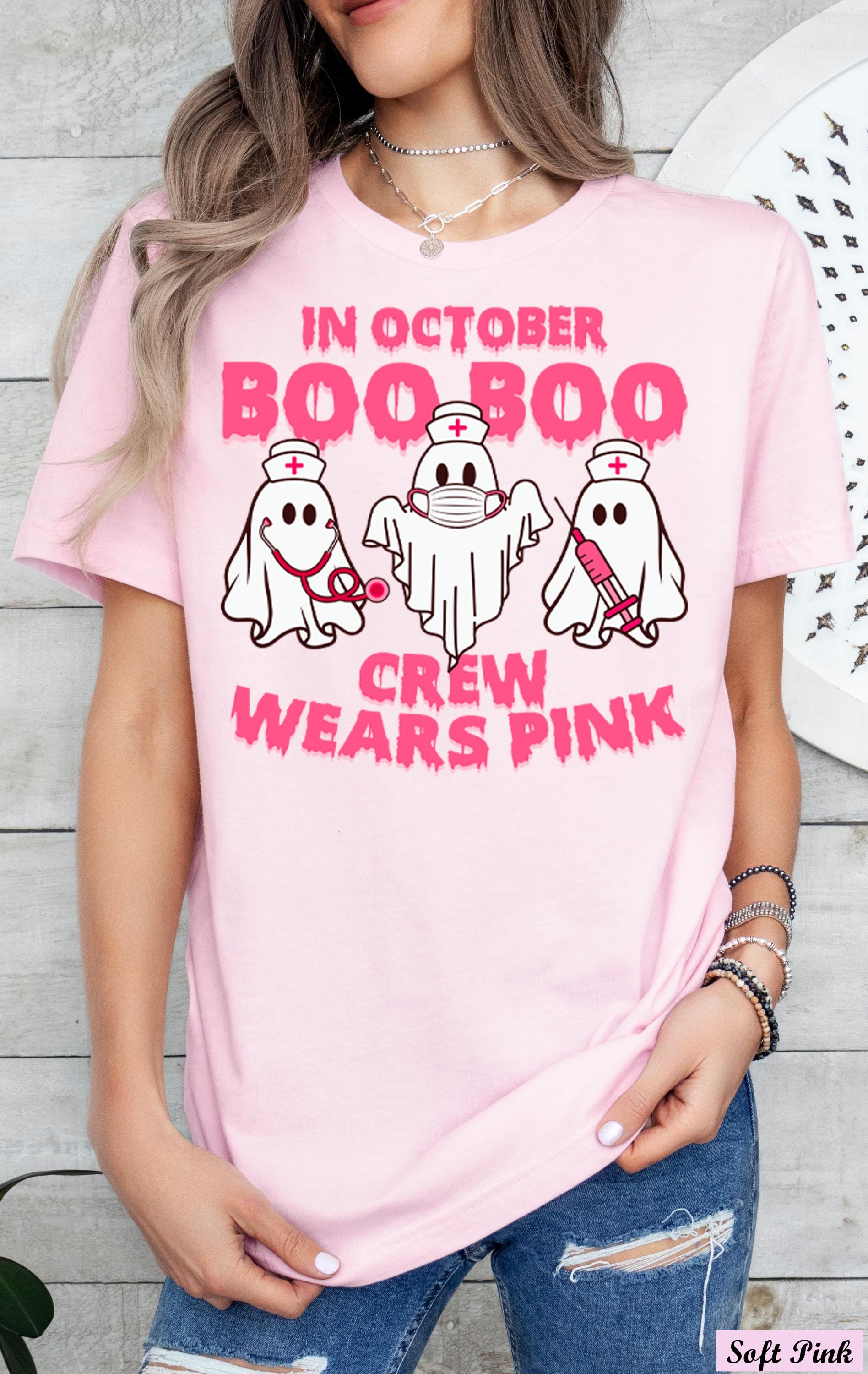 In October Boo Boo Crew Wears Pink Shirt,Breast Cancer Awareness,Halloween Pink Ghost Tee,Cancer Survivor Shirt,Cancer Support Tee,Boo Tee