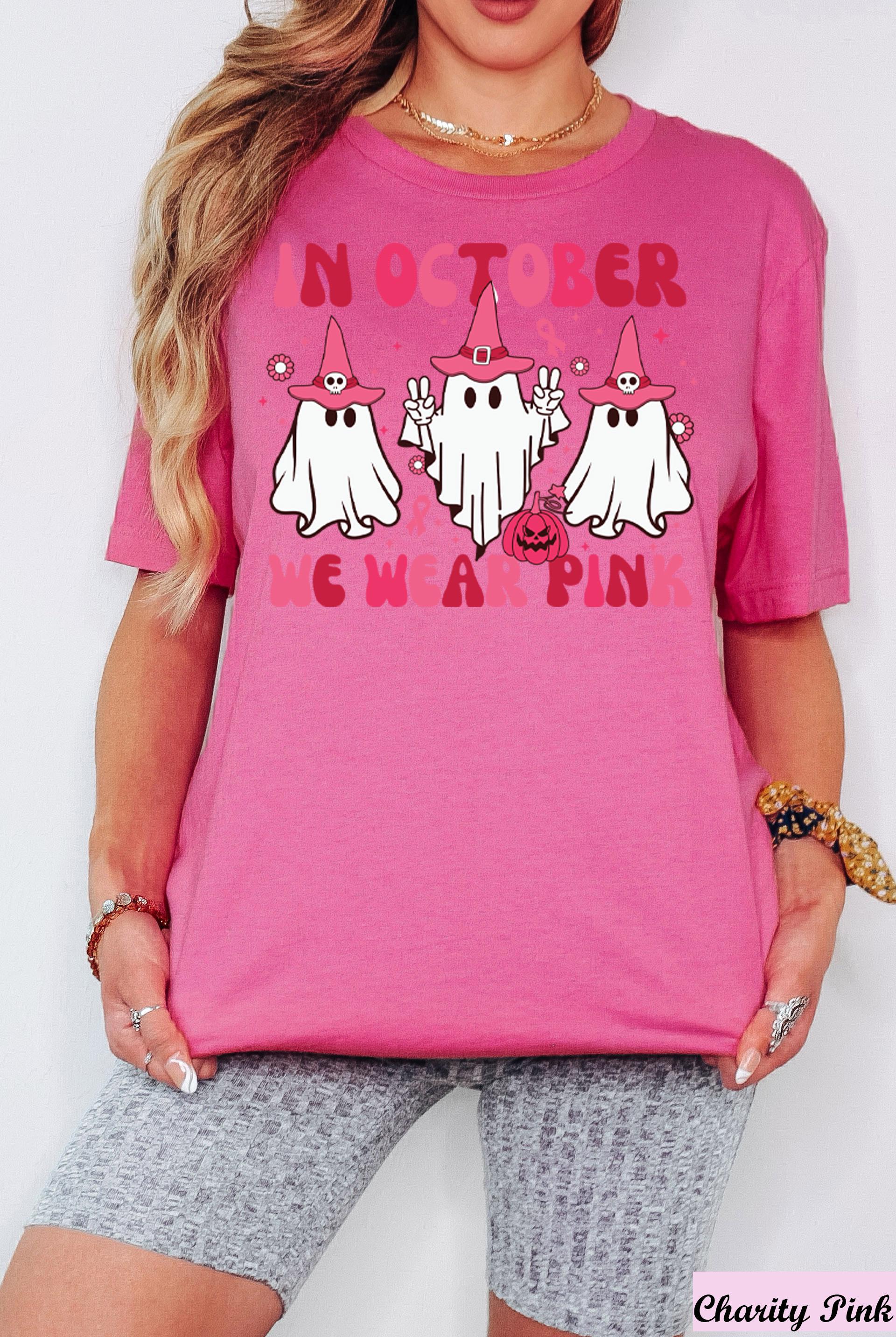 In October We Wear Pink Halloween Ghost Shirt,Pink Ribbon, Cancer Survivor Shirt,Cancer Awareness Tee,Halloween Ghost Pumpkin Cancer Shirt