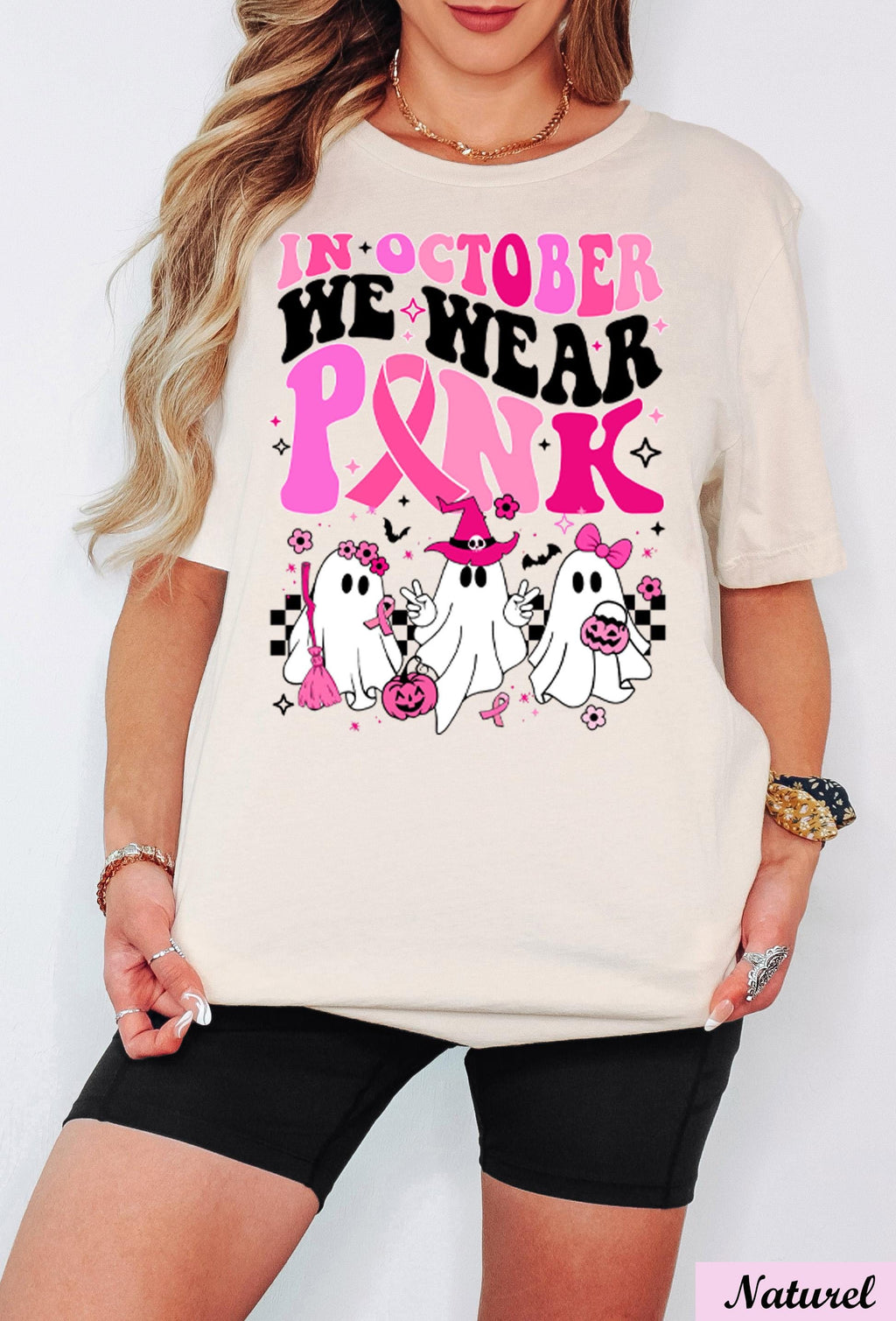 In October We Wear Pink Shirt, Breast Cancer Awareness,Halloween Pink Ghost Tee,Halloween Ghost Shirt,Cancer Pink Ribbon,Breast Cancer Month
