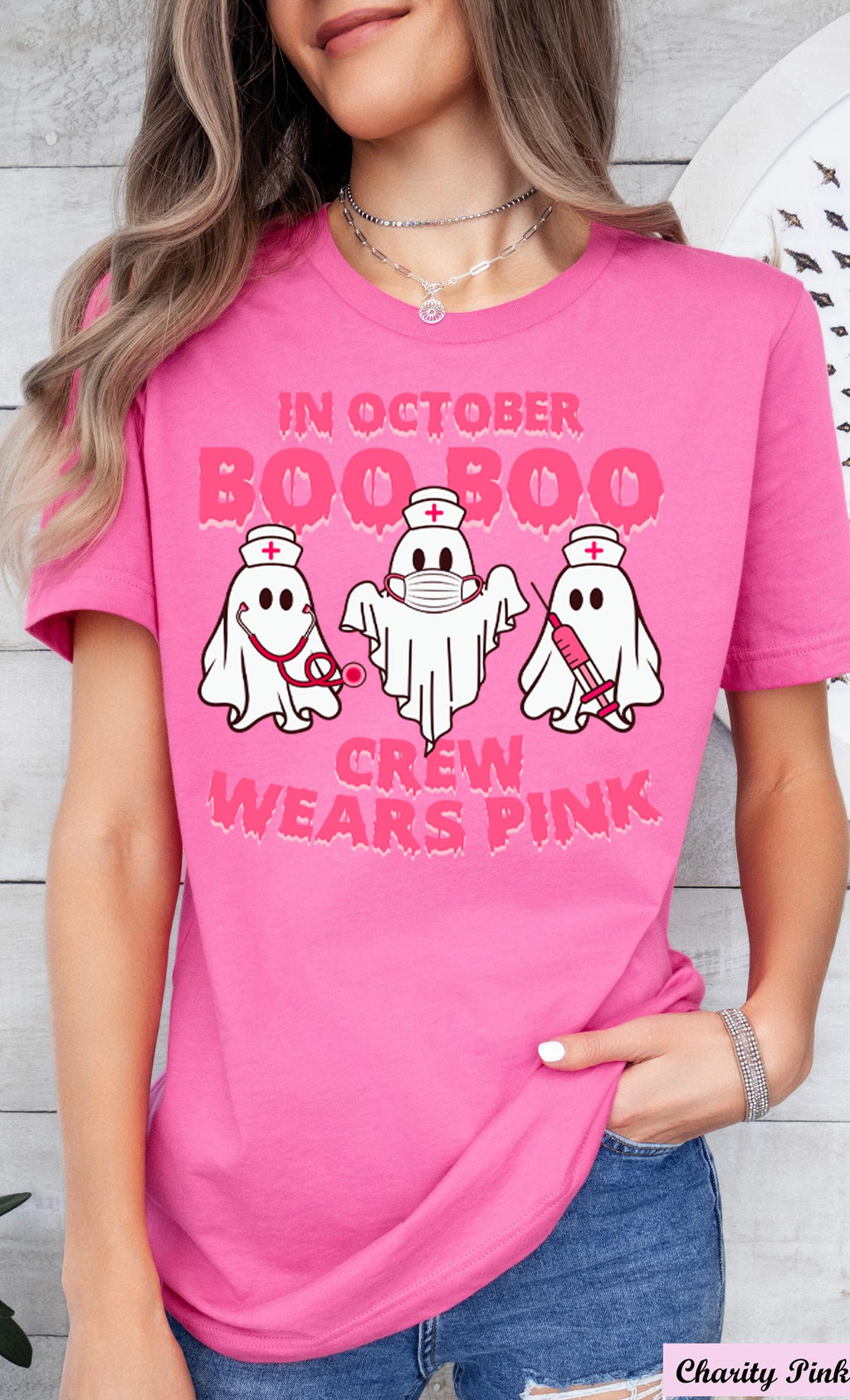 In October Boo Boo Crew Wears Pink Shirt,Breast Cancer Awareness,Halloween Pink Ghost Tee,Cancer Survivor Shirt,Cancer Support Tee,Boo Tee