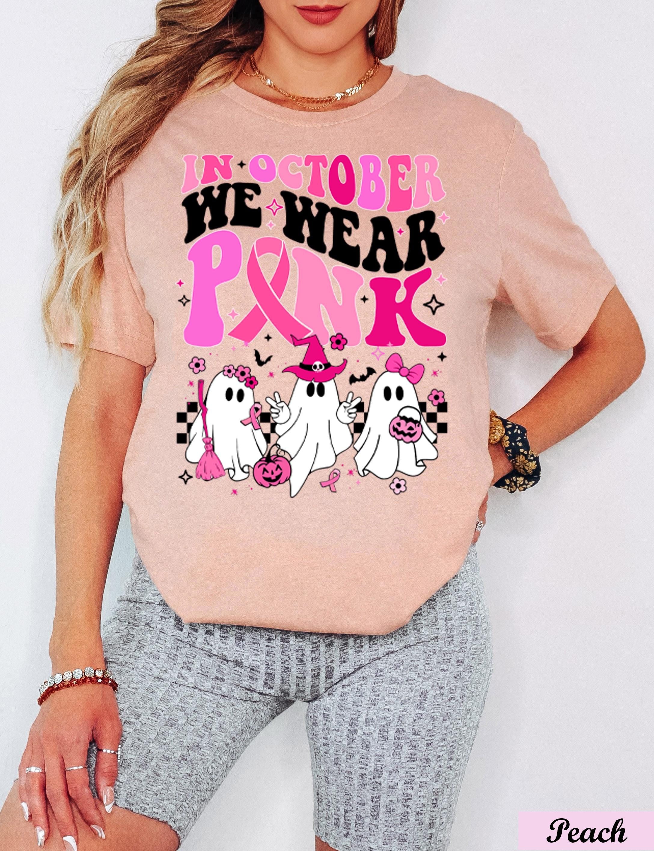 In October We Wear Pink Shirt, Breast Cancer Awareness,Halloween Pink Ghost Tee,Halloween Ghost Shirt,Cancer Pink Ribbon,Breast Cancer Month