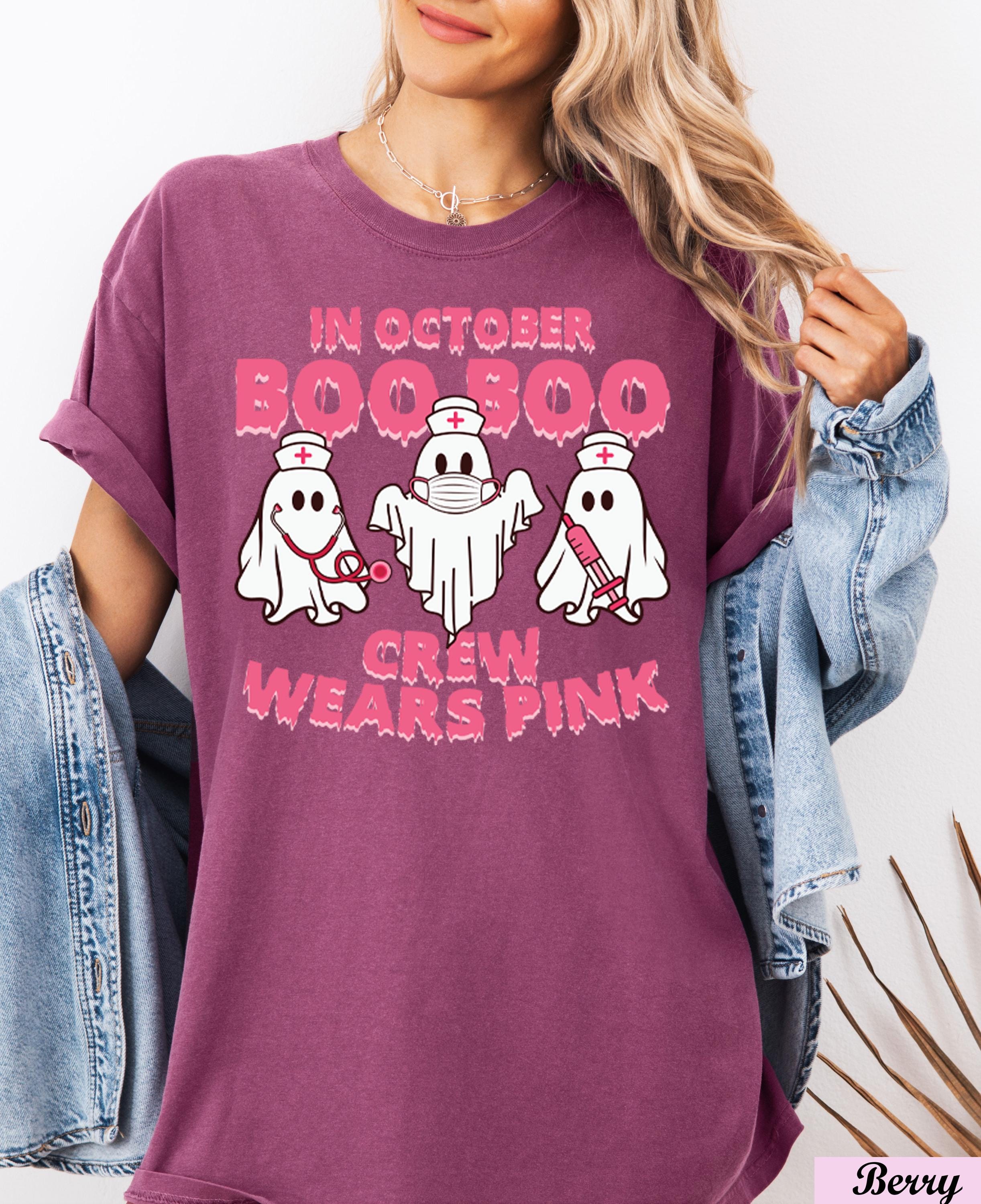 In October Boo Boo Crew Wears Pink Shirt,Breast Cancer Awareness,Halloween Pink Ghost Tee,Cancer Survivor Shirt,Cancer Support Tee,Boo Tee
