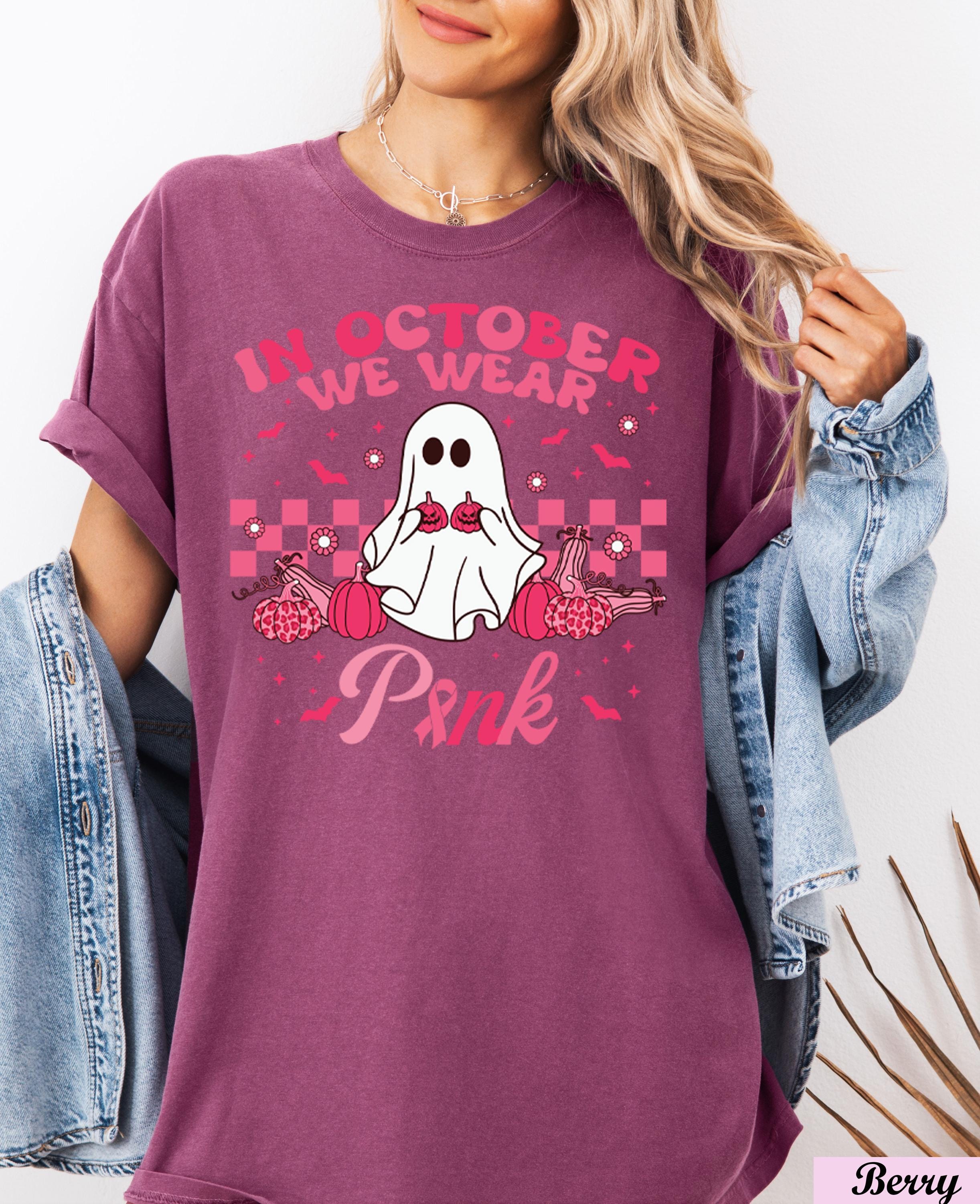 In October We Wear Pink Ghost Shirt,Breast Cancer Pink Ribbon Halloween Tee,Breast Cancer Awareness,Cancer Support Shirt,Cancer Survivor