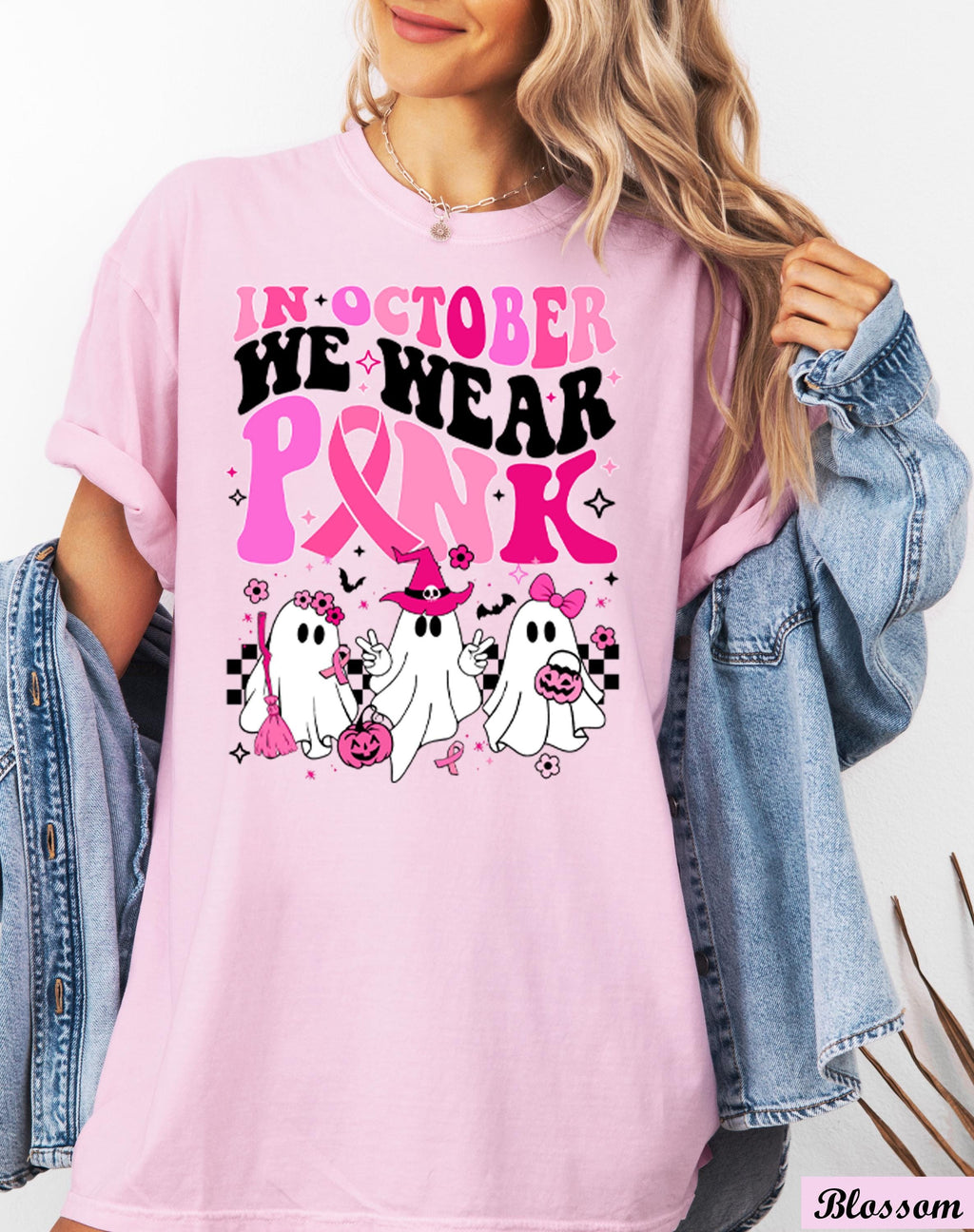 In October We Wear Pink Shirt, Breast Cancer Awareness,Halloween Pink Ghost Tee,Halloween Ghost Shirt,Cancer Pink Ribbon,Breast Cancer Month