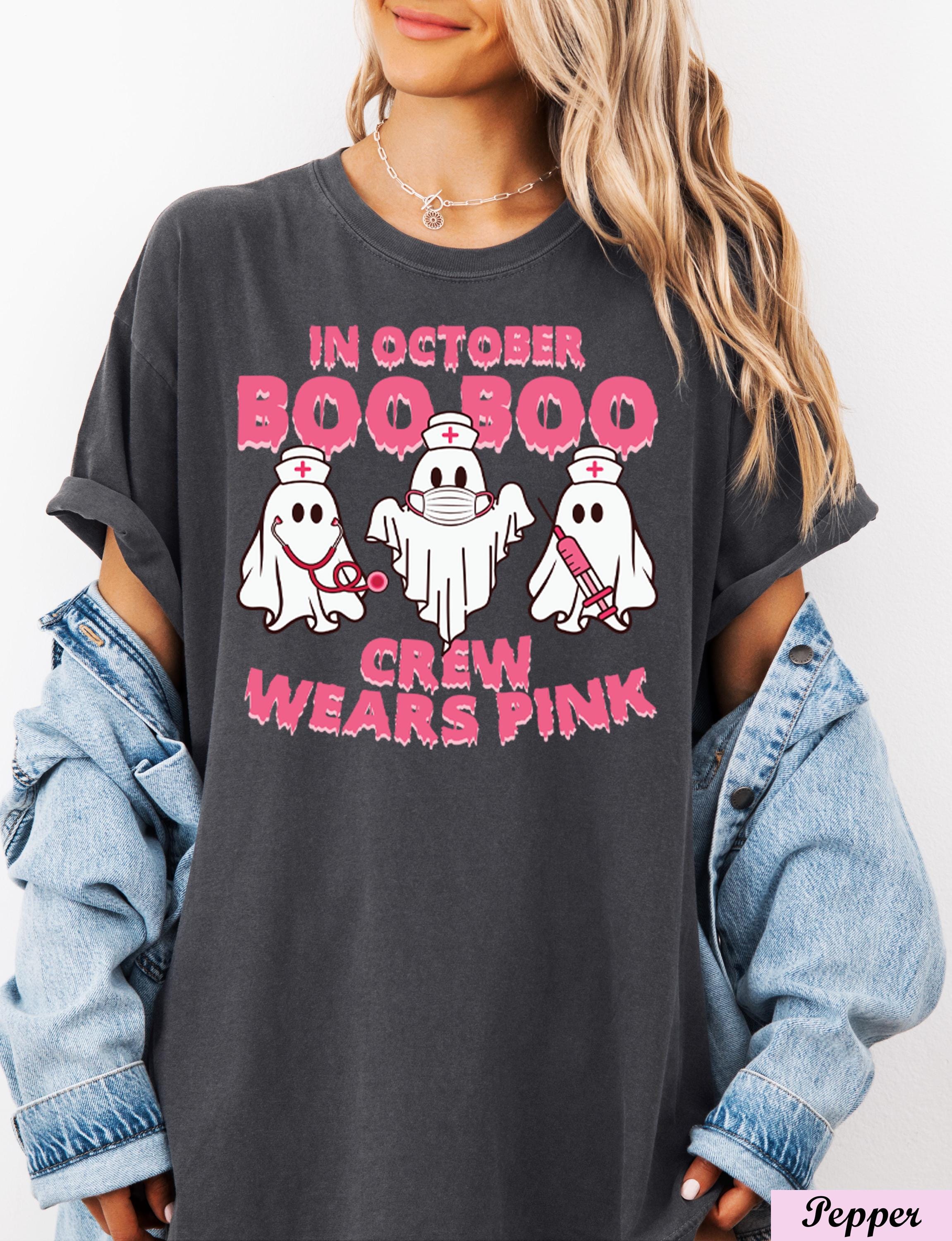 In October Boo Boo Crew Wears Pink Shirt,Breast Cancer Awareness,Halloween Pink Ghost Tee,Cancer Survivor Shirt,Cancer Support Tee,Boo Tee