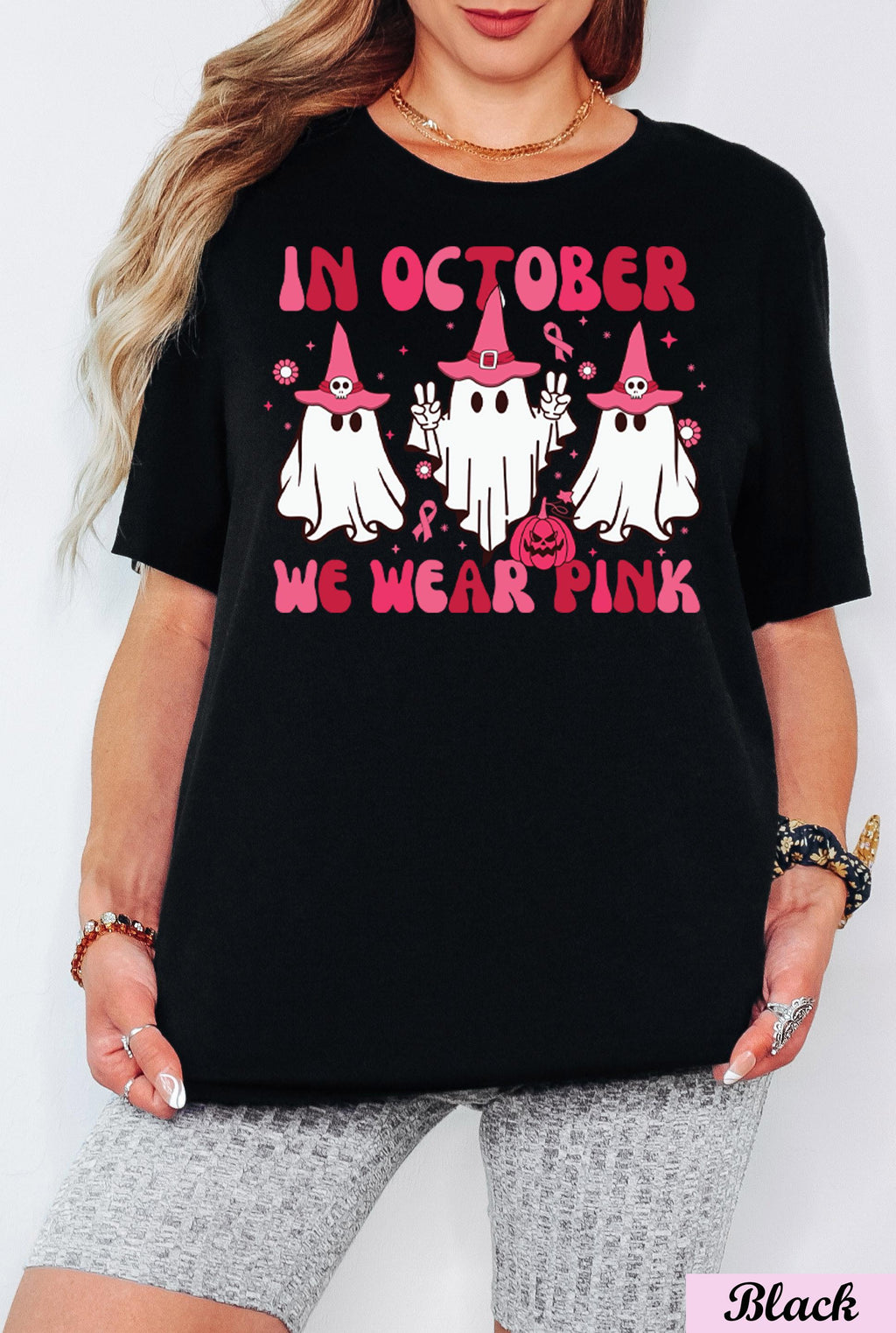 In October We Wear Pink Halloween Ghost Shirt,Pink Ribbon, Cancer Survivor Shirt,Cancer Awareness Tee,Halloween Ghost Pumpkin Cancer Shirt
