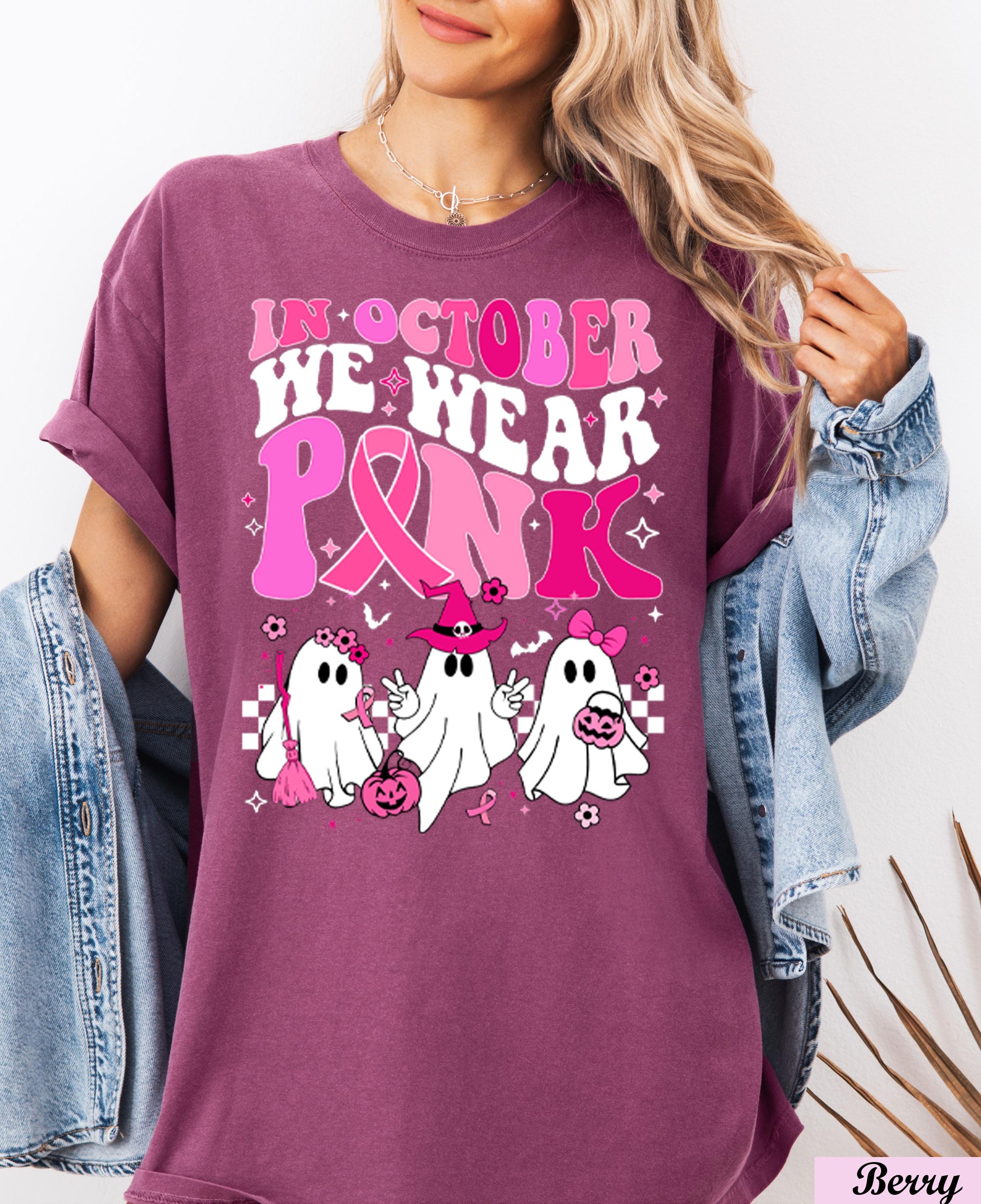 In October We Wear Pink Shirt, Breast Cancer Awareness,Halloween Pink Ghost Tee,Halloween Ghost Shirt,Cancer Pink Ribbon,Breast Cancer Month