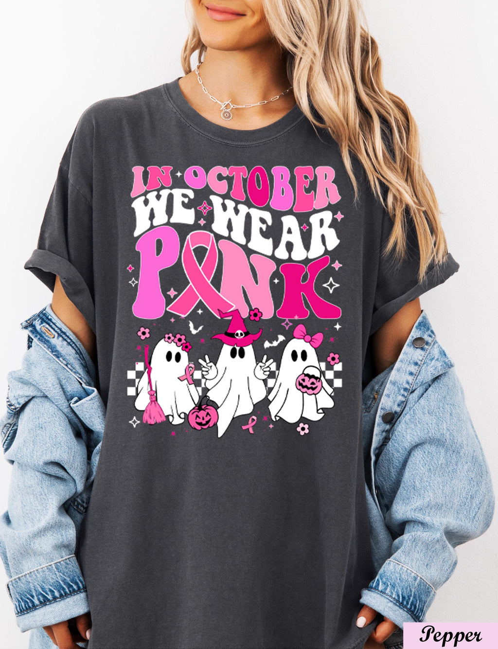In October We Wear Pink Shirt, Breast Cancer Awareness,Halloween Pink Ghost Tee,Halloween Ghost Shirt,Cancer Pink Ribbon,Breast Cancer Month