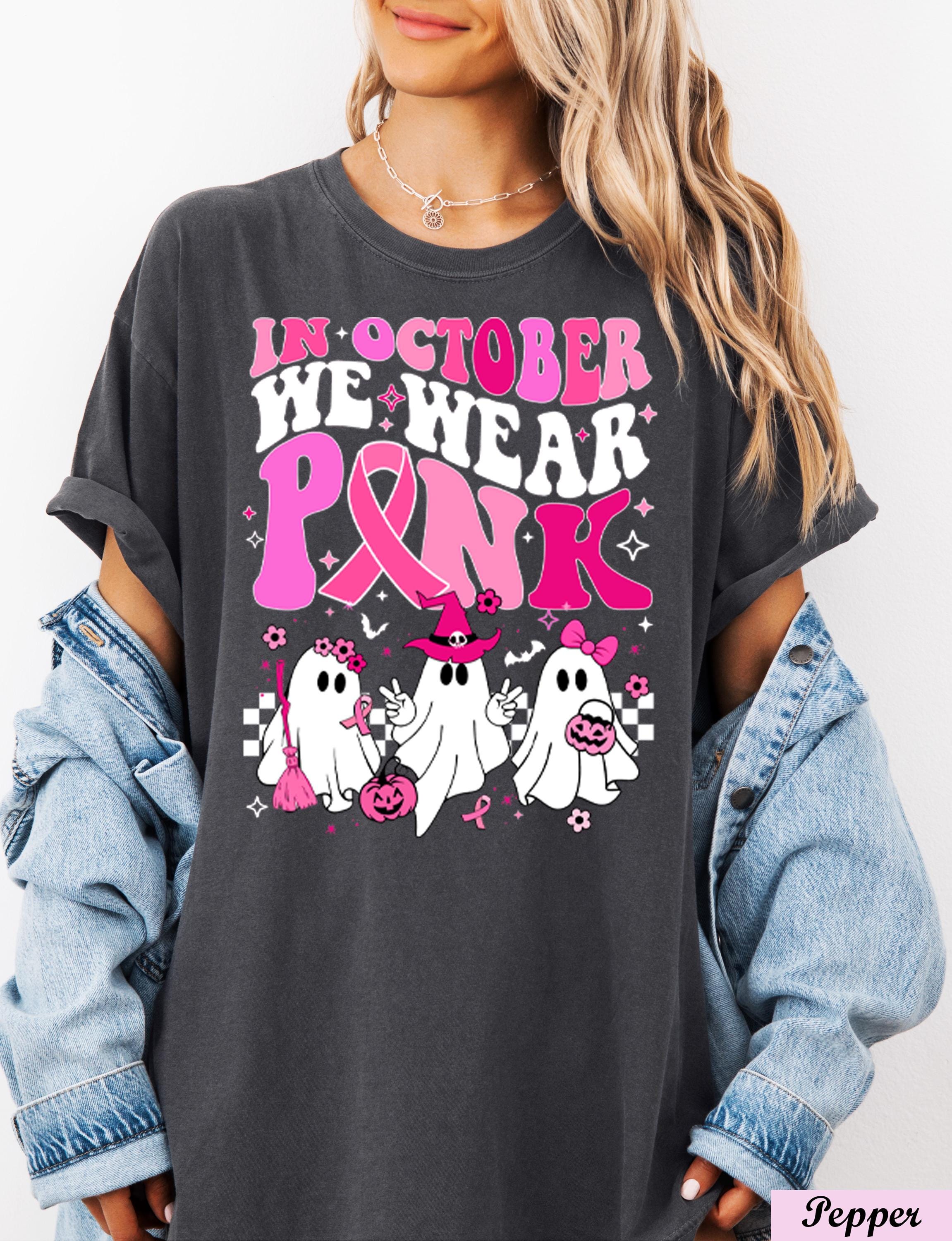 In October We Wear Pink Shirt, Breast Cancer Awareness,Halloween Pink Ghost Tee,Halloween Ghost Shirt,Cancer Pink Ribbon,Breast Cancer Month