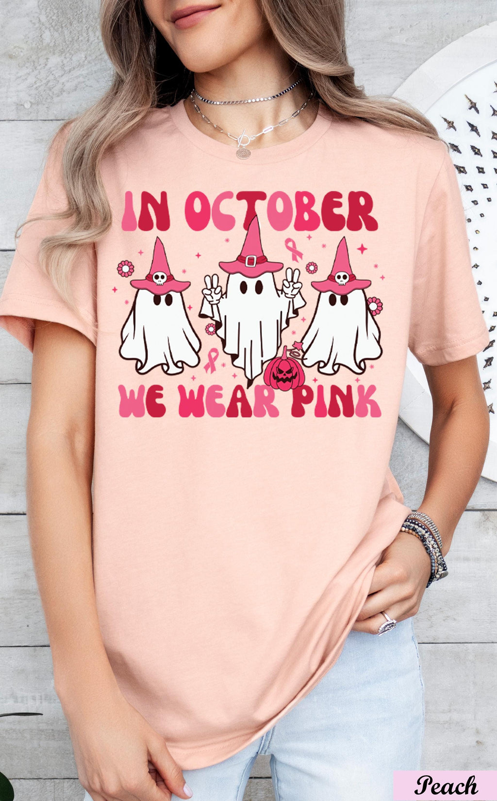 In October We Wear Pink Halloween Ghost Shirt,Pink Ribbon, Cancer Survivor Shirt,Cancer Awareness Tee,Halloween Ghost Pumpkin Cancer Shirt