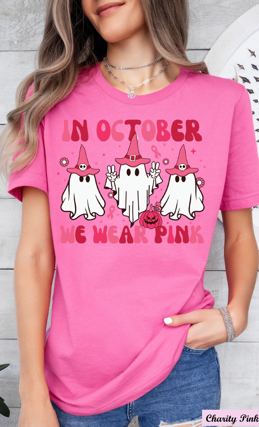 In October We Wear Pink Halloween Ghost Shirt,Pink Ribbon, Cancer Survivor Shirt,Cancer Awareness Tee,Halloween Ghost Pumpkin Cancer Shirt