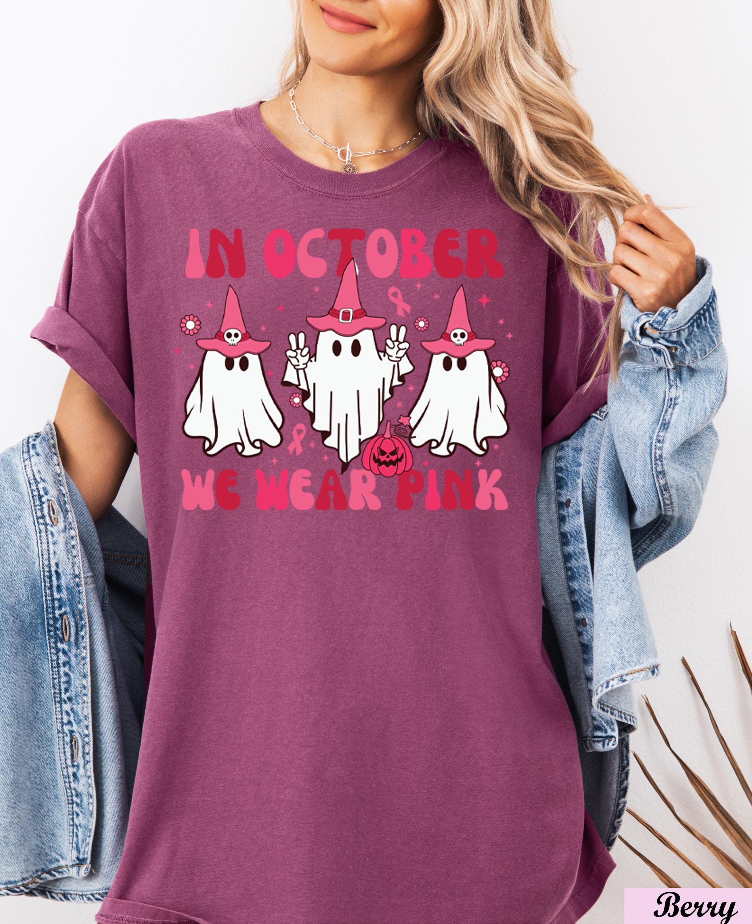 In October We Wear Pink Halloween Ghost Shirt,Pink Ribbon, Cancer Survivor Shirt,Cancer Awareness Tee,Halloween Ghost Pumpkin Cancer Shirt