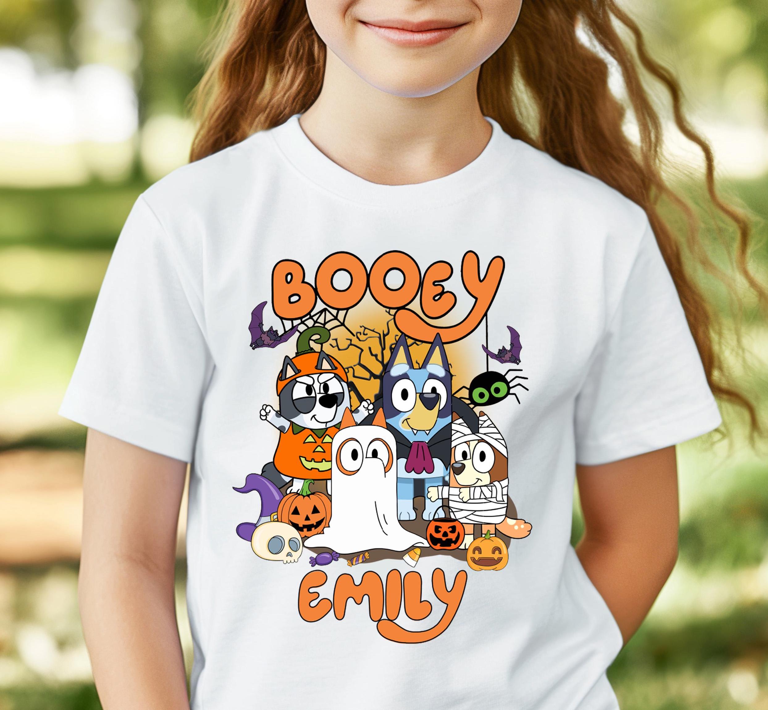 Custom Booey Bluey Halloween Family Shirt, Funny Spooky Tee, Bluey Halloween, Spooky Cartoon T-Shirt, Witchy Bats Shirt,Halloween Kids Gift