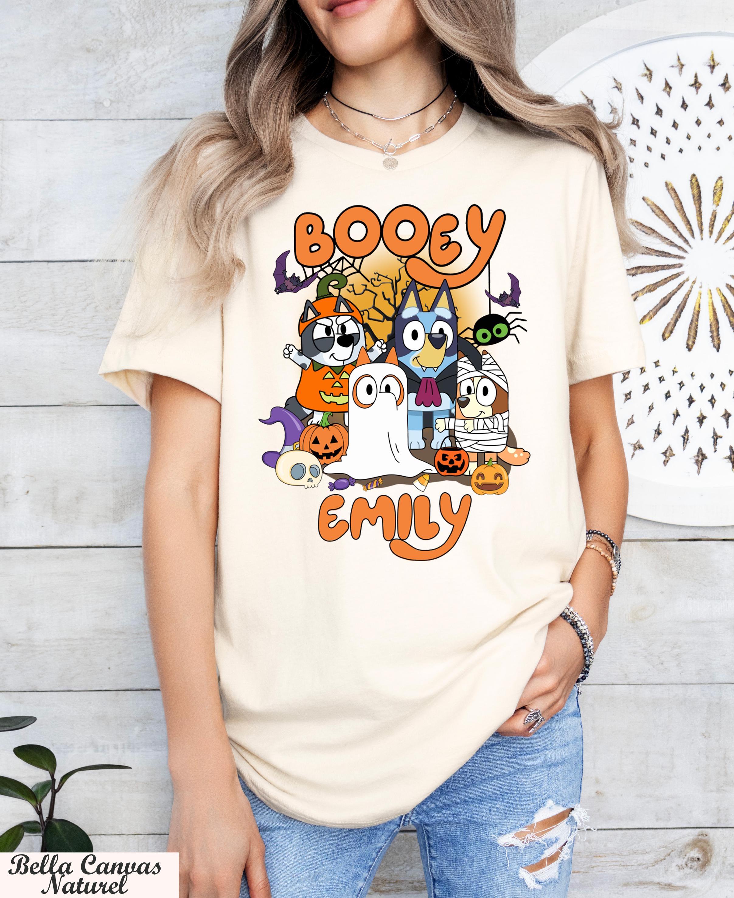 Custom Booey Bluey Halloween Family Shirt, Funny Spooky Tee, Bluey Halloween, Spooky Cartoon T-Shirt, Witchy Bats Shirt,Halloween Kids Gift