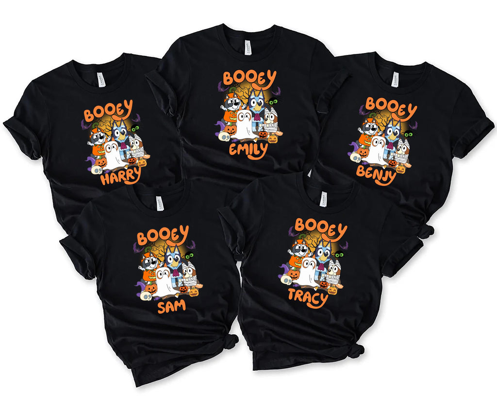 Custom Booey Bluey Halloween Family Shirt, Funny Spooky Tee, Bluey Halloween, Spooky Cartoon T-Shirt, Witchy Bats Shirt,Halloween Kids Gift