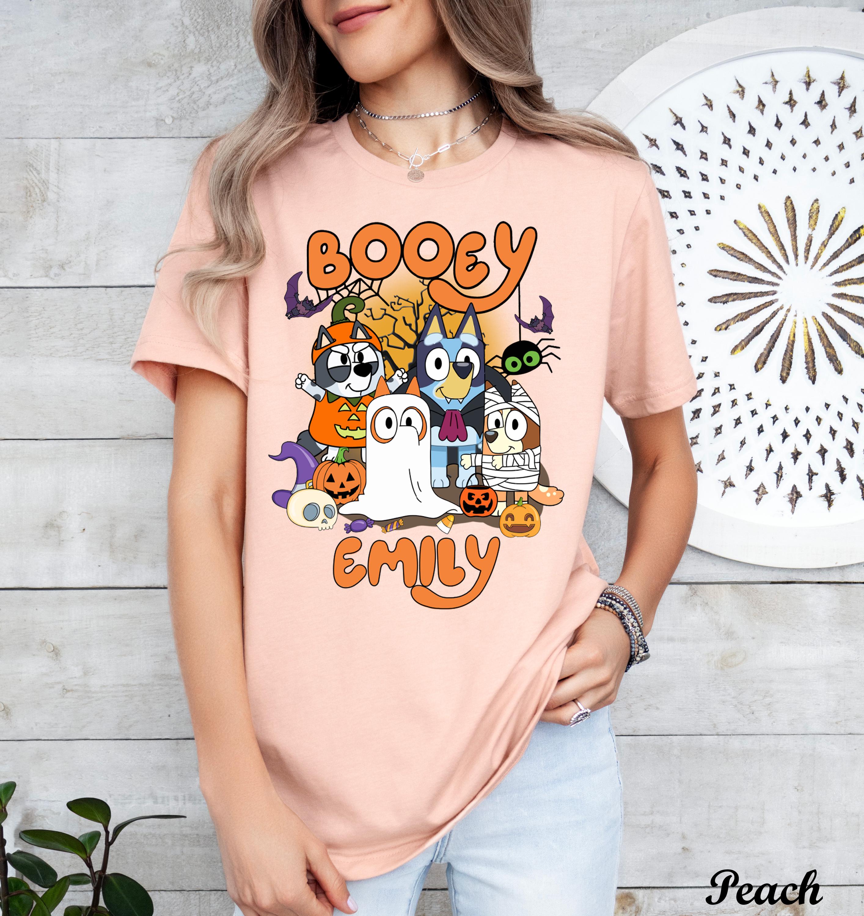 Custom Booey Bluey Halloween Family Shirt, Funny Spooky Tee, Bluey Halloween, Spooky Cartoon T-Shirt, Witchy Bats Shirt,Halloween Kids Gift