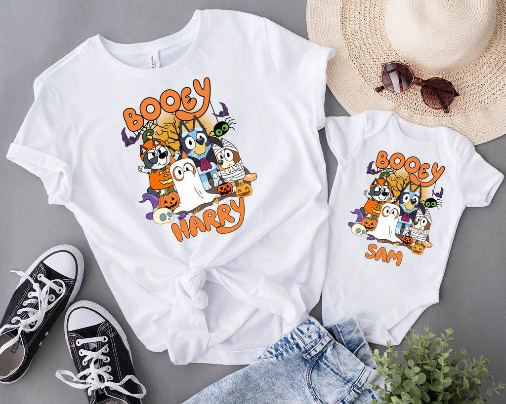 Custom Booey Bluey Halloween Family Shirt, Funny Spooky Tee, Bluey Halloween, Spooky Cartoon T-Shirt, Witchy Bats Shirt,Halloween Kids Gift