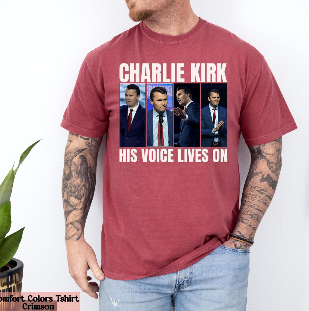 Charlie Kirk His Voice Lives On Shirt, Patriotic Republican Tee, Conservative Tee, Charlie Kirk Shirt, Donald Trump RIP Charlie Kirk Shirt