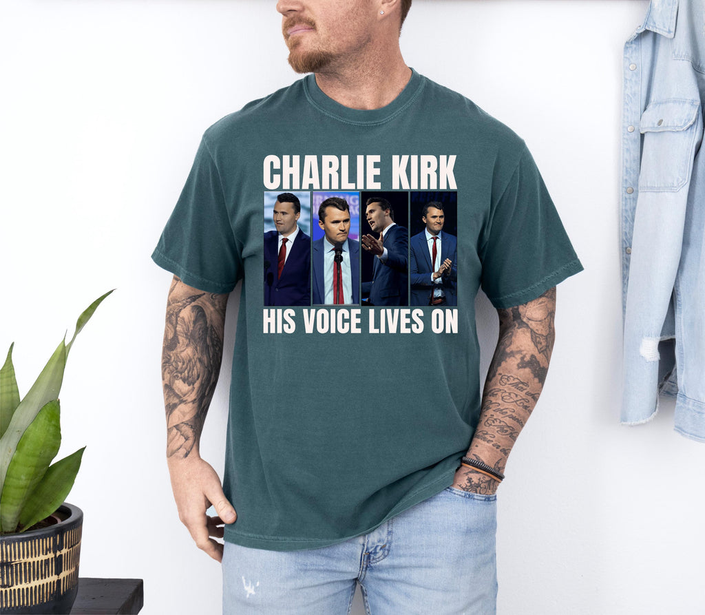 Charlie Kirk His Voice Lives On Shirt, Patriotic Republican Tee, Conservative Tee, Charlie Kirk Shirt, Donald Trump RIP Charlie Kirk Shirt