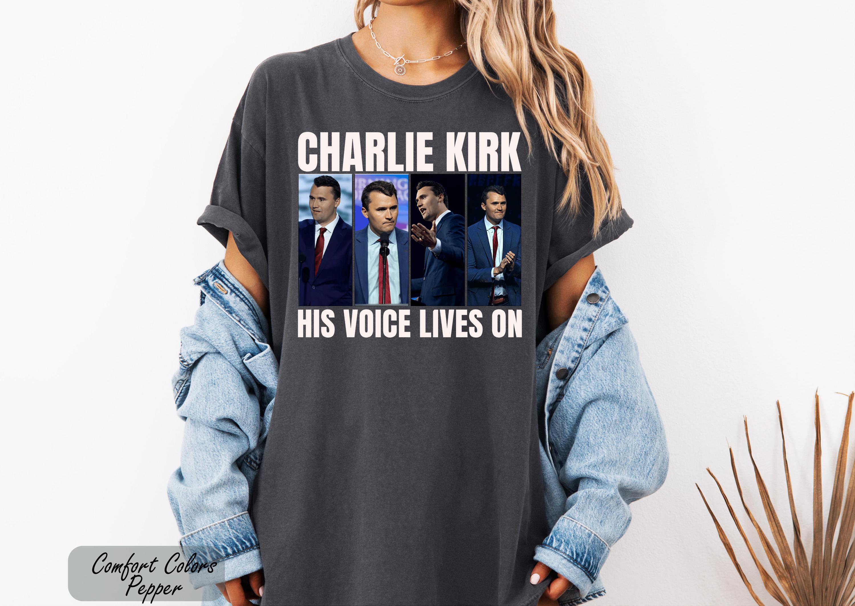 Charlie Kirk His Voice Lives On Shirt, Patriotic Republican Tee, Conservative Tee, Charlie Kirk Shirt, Donald Trump RIP Charlie Kirk Shirt