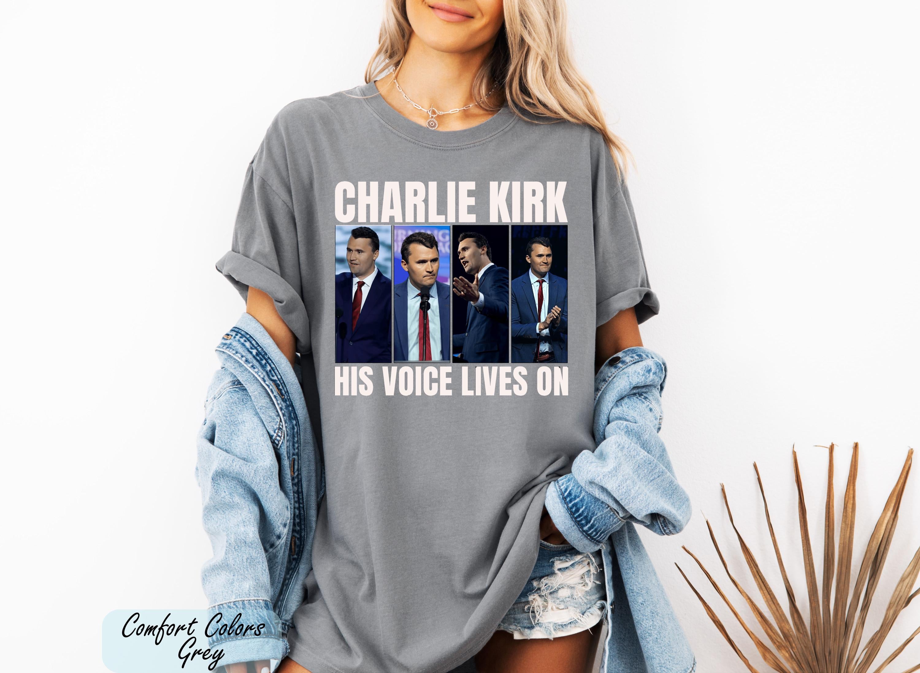 Charlie Kirk His Voice Lives On Shirt, Patriotic Republican Tee, Conservative Tee, Charlie Kirk Shirt, Donald Trump RIP Charlie Kirk Shirt