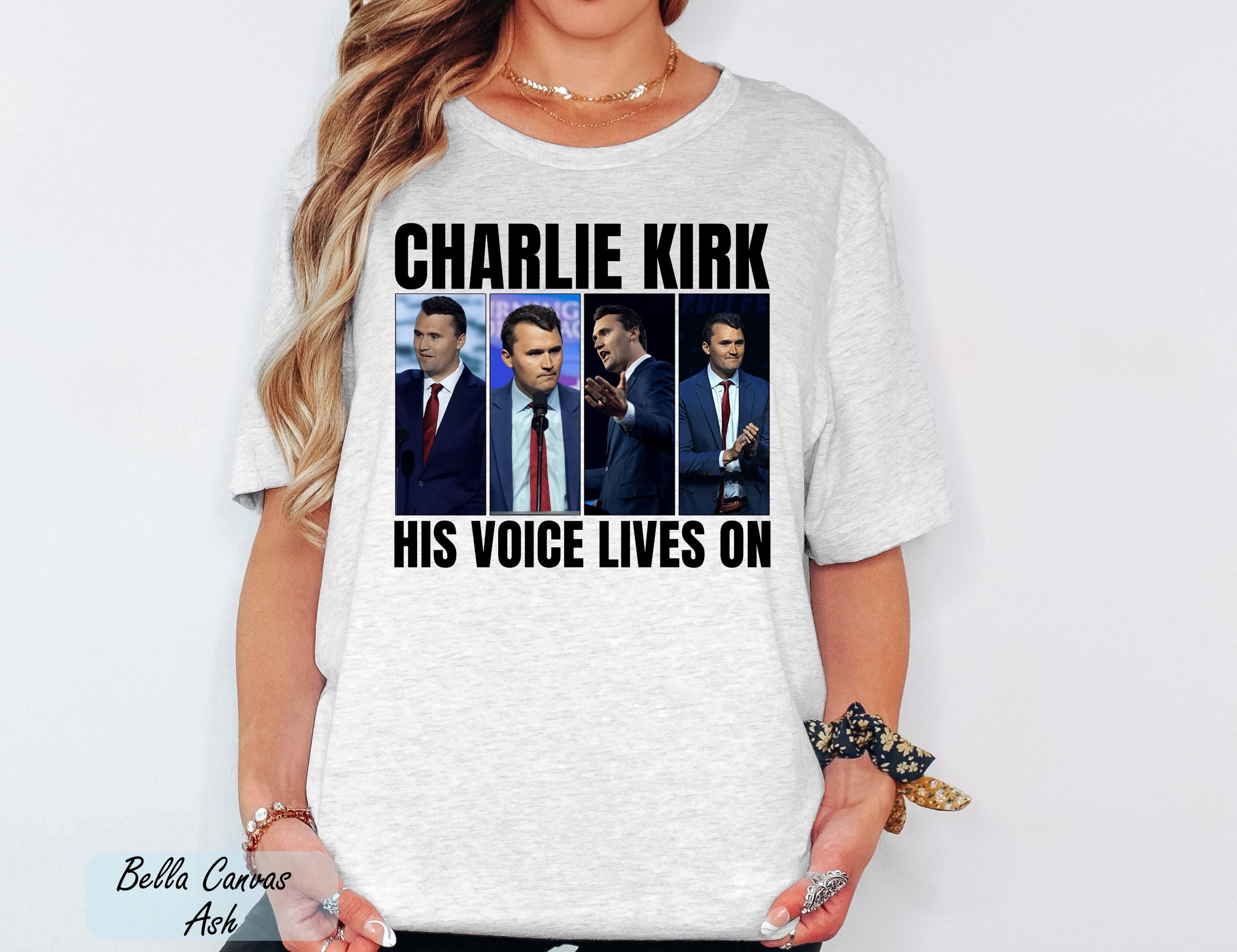 Charlie Kirk His Voice Lives On Shirt, Patriotic Republican Tee, Conservative Tee, Charlie Kirk Shirt, Donald Trump RIP Charlie Kirk Shirt