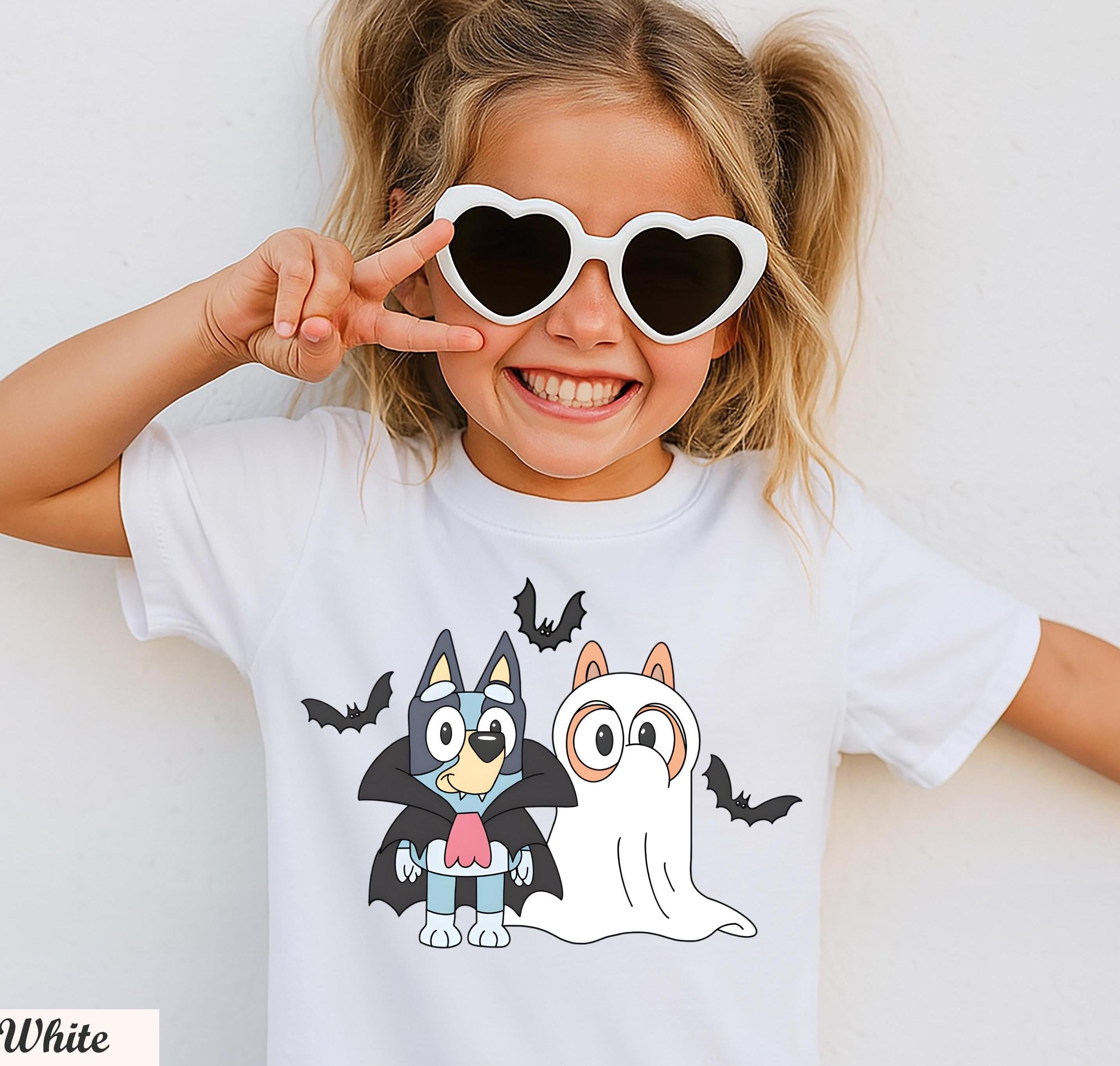 Bluey Ghost and Vampire Shirt,Halloween Graphic Tee for Kids and Adults,Cute Spooky Outfit for Trick or Treat and Parties,Blue Booey Shirt