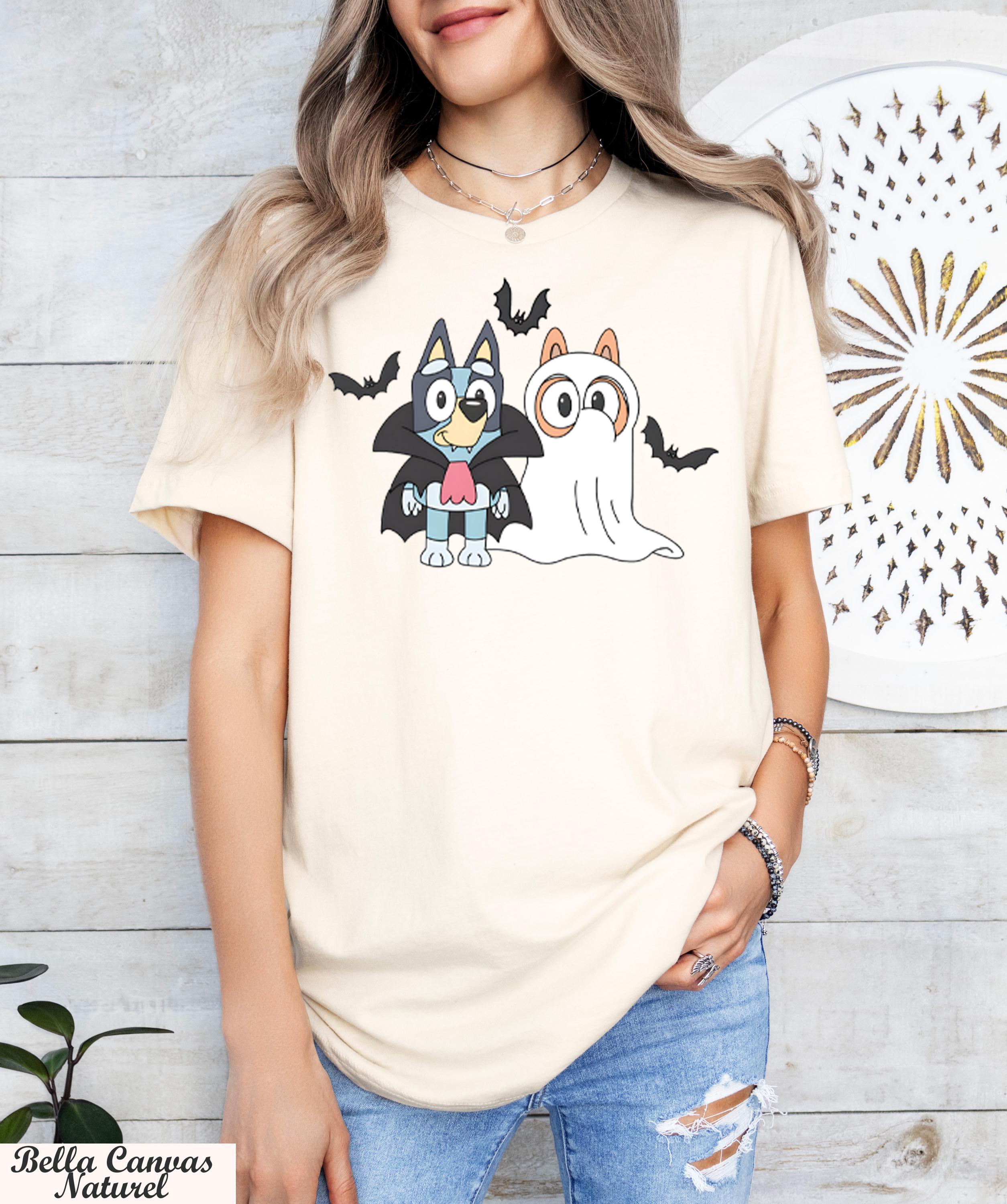 Bluey Ghost and Vampire Shirt,Halloween Graphic Tee for Kids and Adults,Cute Spooky Outfit for Trick or Treat and Parties,Blue Booey Shirt