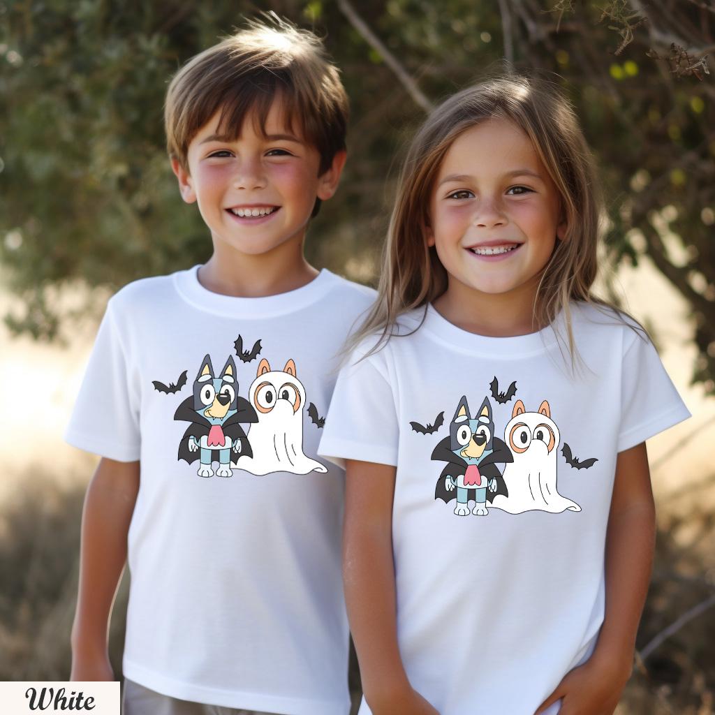 Bluey Ghost and Vampire Shirt,Halloween Graphic Tee for Kids and Adults,Cute Spooky Outfit for Trick or Treat and Parties,Blue Booey Shirt