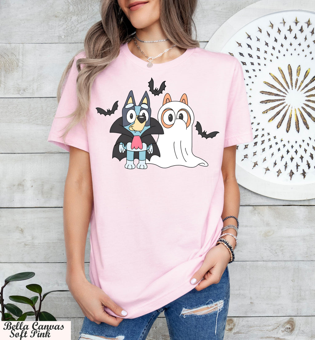 Bluey Ghost and Vampire Shirt,Halloween Graphic Tee for Kids and Adults,Cute Spooky Outfit for Trick or Treat and Parties,Blue Booey Shirt