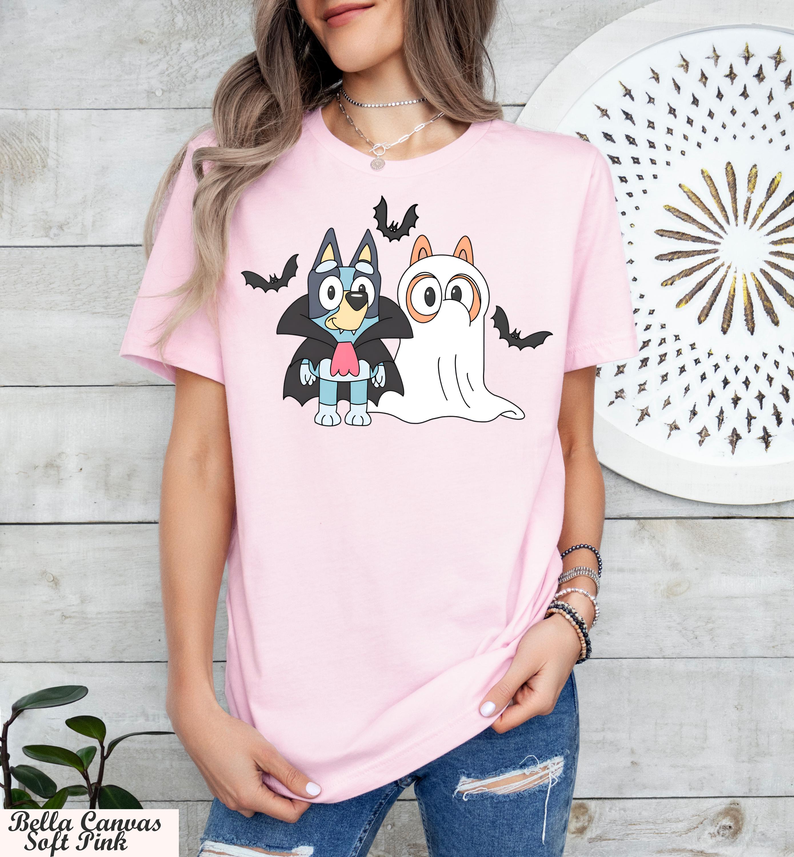 Bluey Ghost and Vampire Shirt,Halloween Graphic Tee for Kids and Adults,Cute Spooky Outfit for Trick or Treat and Parties,Blue Booey Shirt