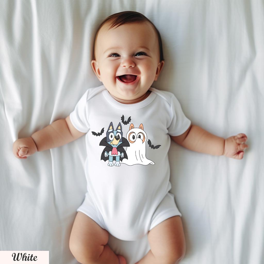 Bluey Ghost and Vampire Shirt,Halloween Graphic Tee for Kids and Adults,Cute Spooky Outfit for Trick or Treat and Parties,Blue Booey Shirt