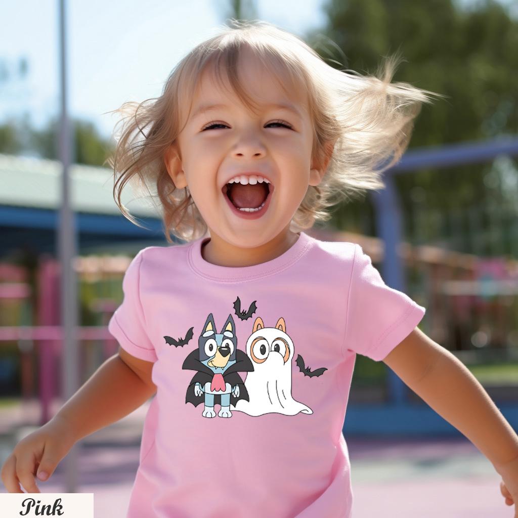 Bluey Ghost and Vampire Shirt,Halloween Graphic Tee for Kids and Adults,Cute Spooky Outfit for Trick or Treat and Parties,Blue Booey Shirt