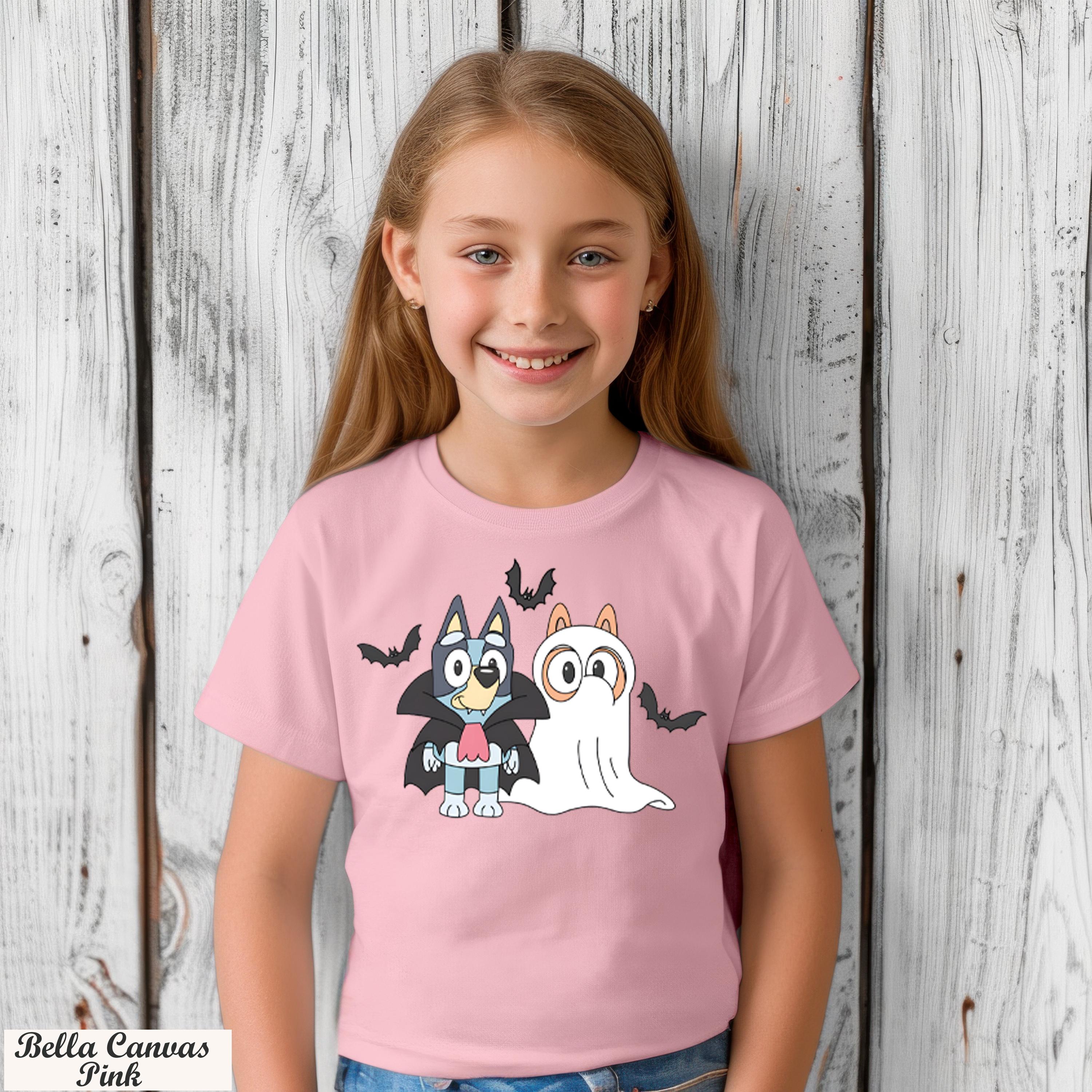 Bluey Ghost and Vampire Shirt,Halloween Graphic Tee for Kids and Adults,Cute Spooky Outfit for Trick or Treat and Parties,Blue Booey Shirt