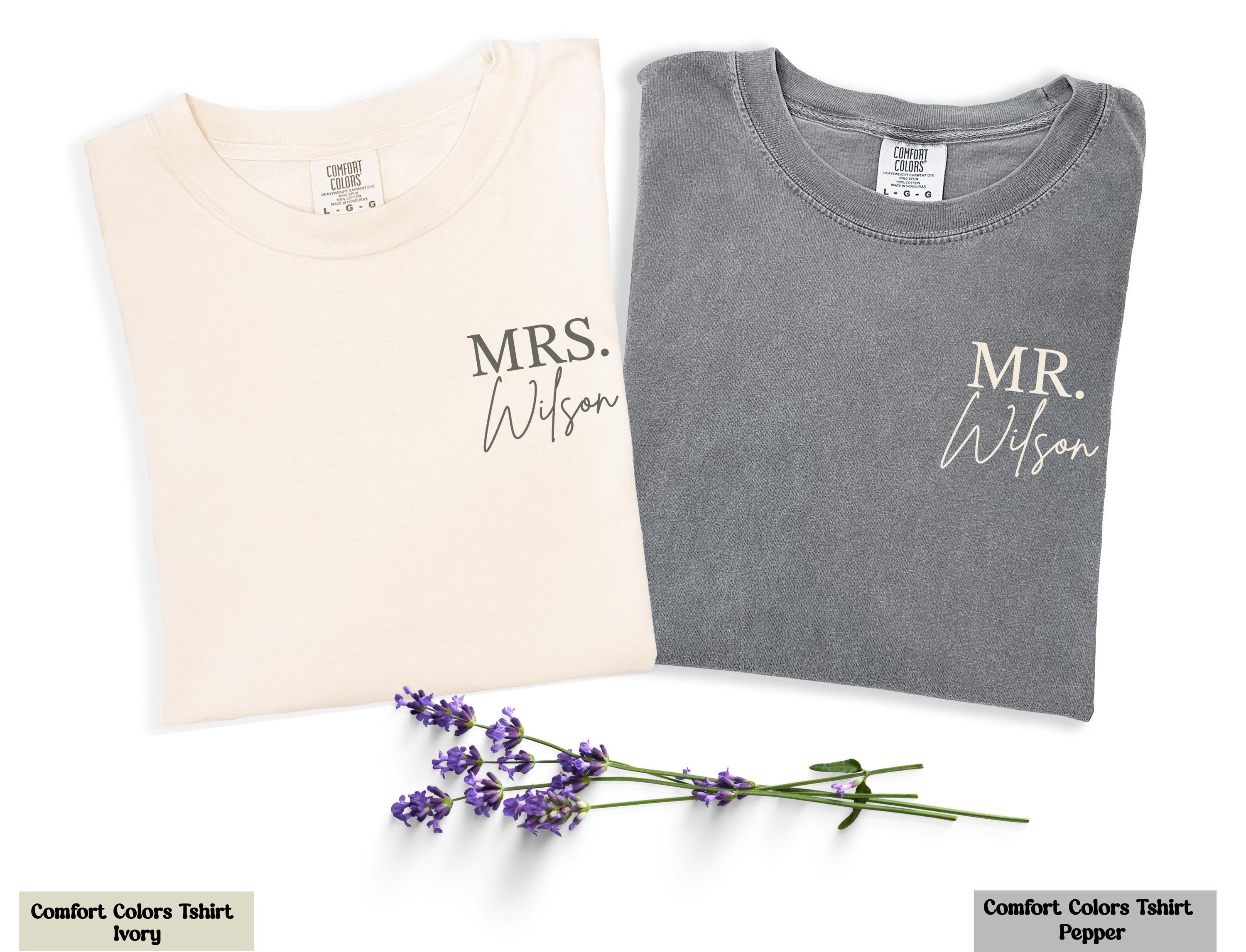 Comfort Colors Mr Mrs Last Name T-Shirt, Husband and Wife Couples Shirt, Honeymoon Shirt, Matching Wedding Tee, Custom Just Married Shirts