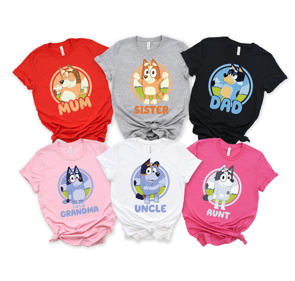 Bluey Family Shirt, Custom Name Blue Dog Family Shirt All Characters Tee, Custom Bluey Family Shirt, Bluey Family Birthday Party Team Shirt