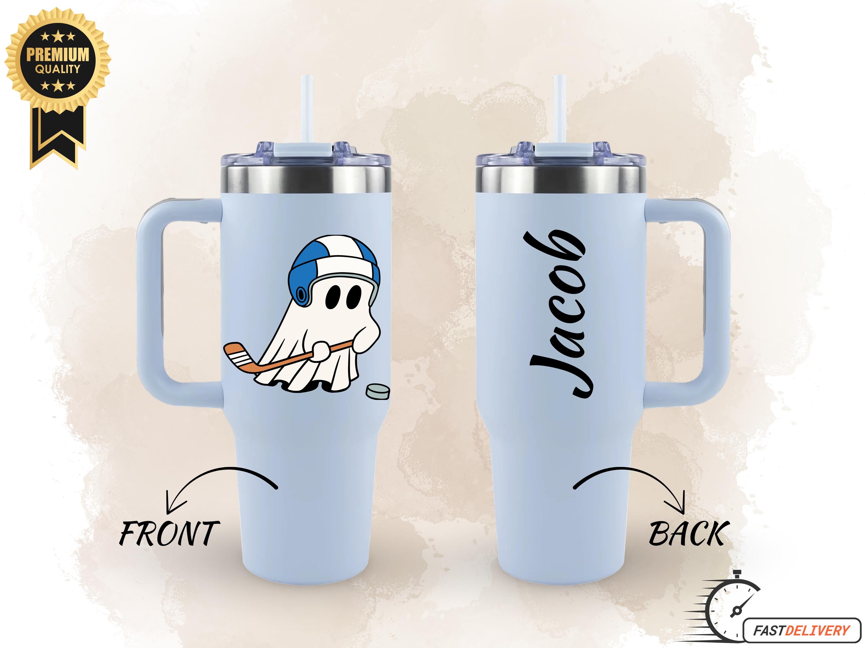 Personalized Halloween Ghost Tumbler with Name, Sportive Ghost Travel Cup, Custom 40oz Cup with Name, Spooky Season Iced Coffee Tumbler